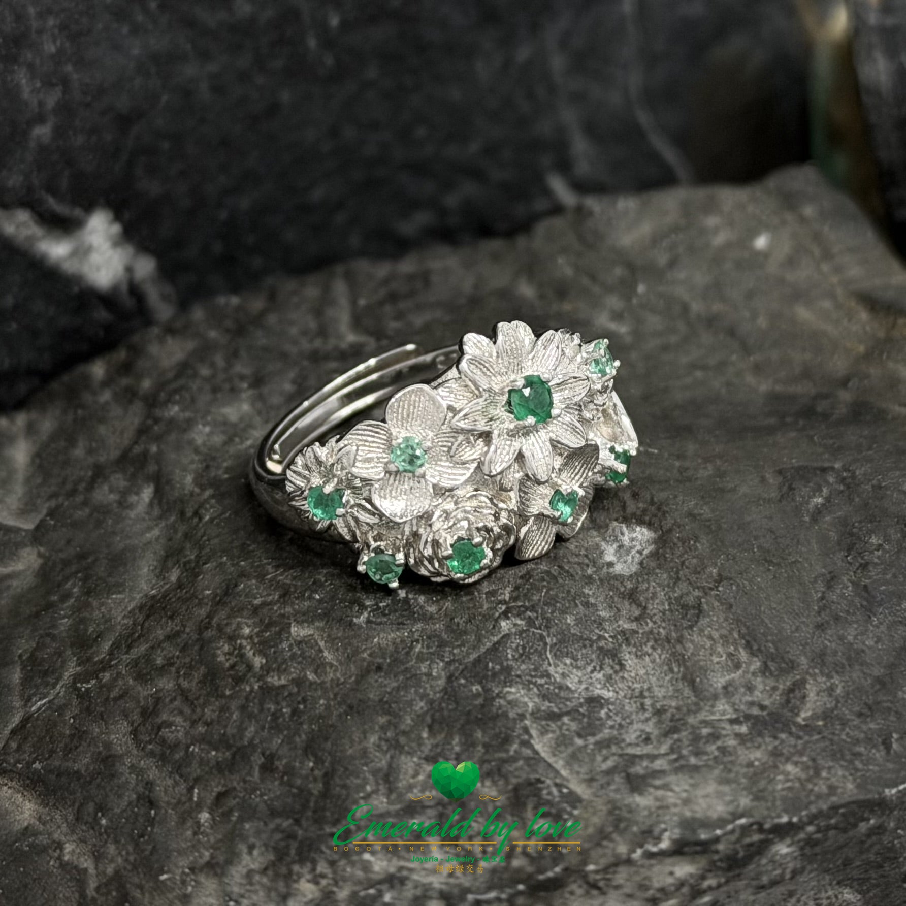 Thick Band Floral Ring in Sterling Silver with Small Round Emeralds