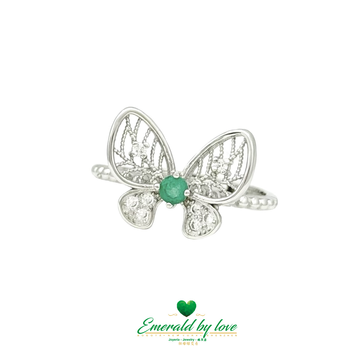 Butterfly Silver Ring with Round Emerald and Filigree Details