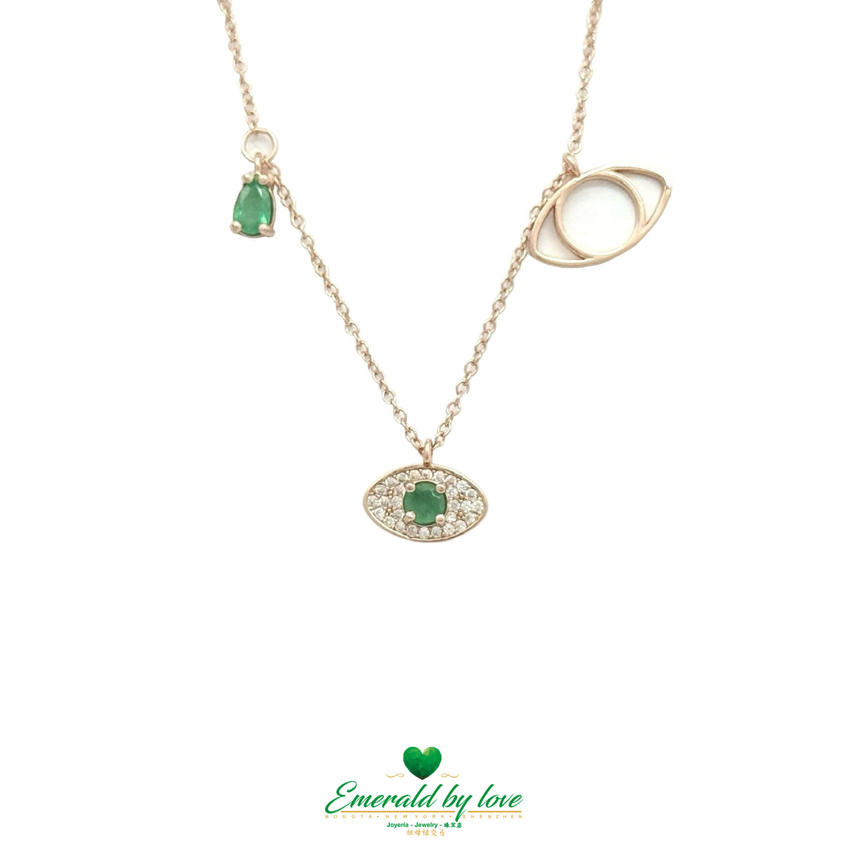 Rose Gold-Plated 925 Silver Triple Charm Pendant with Emerald Teardrop and Zircon Eye