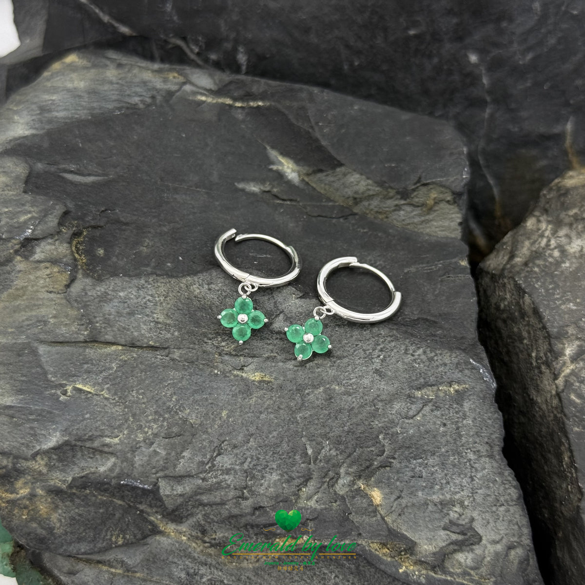 Round Colombian Emerald Clover Dangle Hoop Earrings