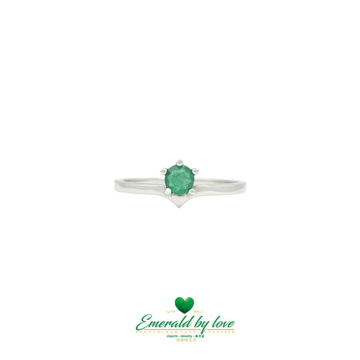 Round Colombian Emerald V-Shaped Ring in White Gold