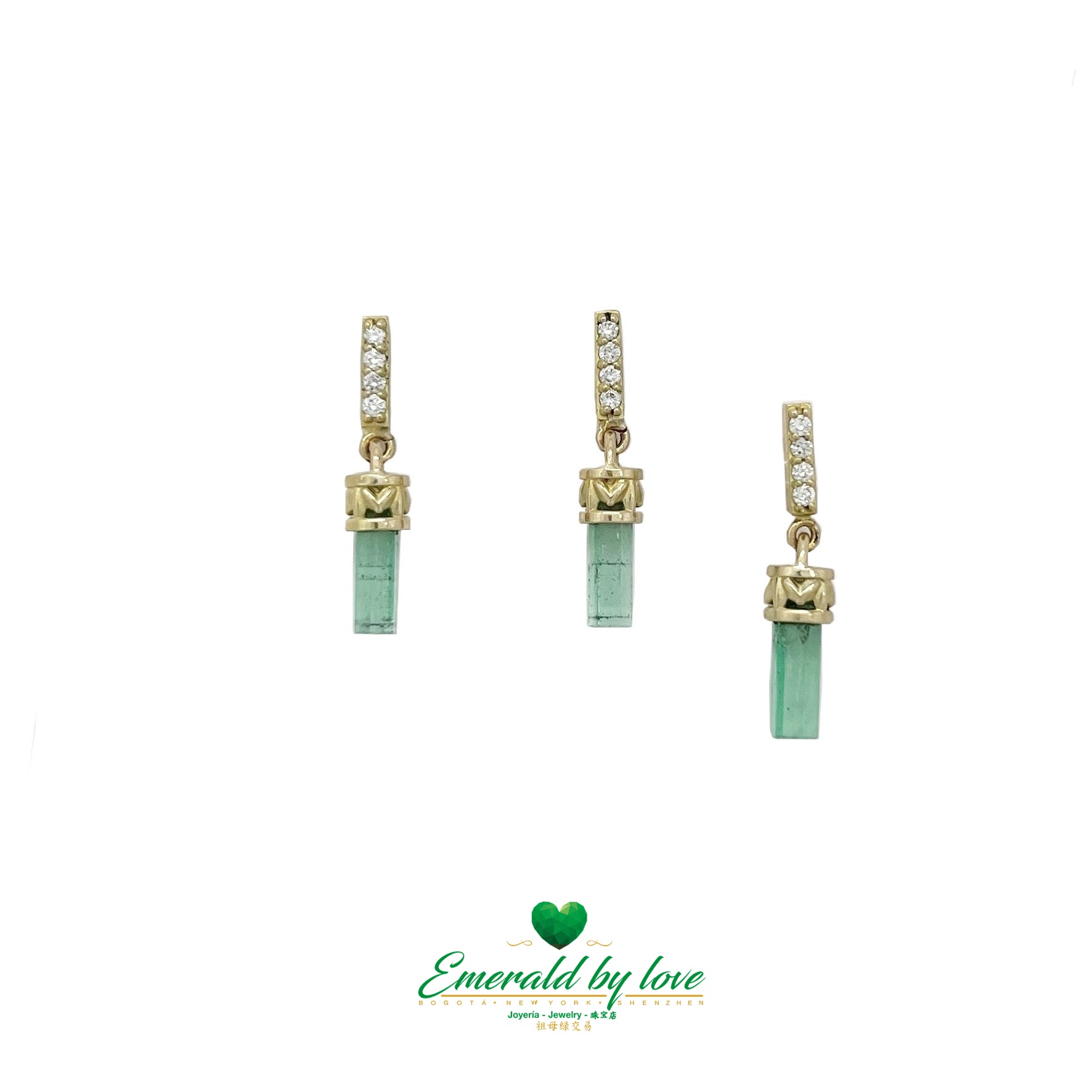 Elongated Rough Emeralds with Diamonds Encrusted in Gold Set