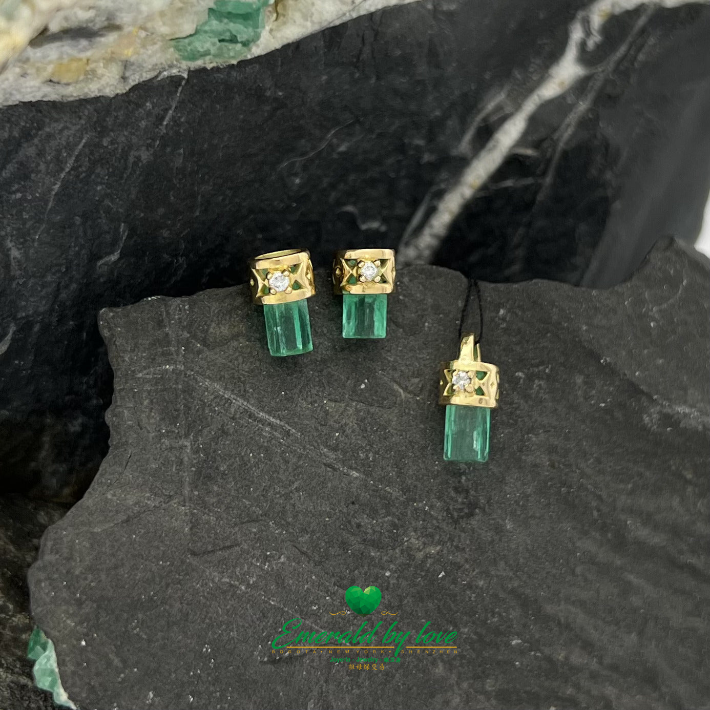Rough Emeralds in Yellow Gold with Intricate Diamond Inlays