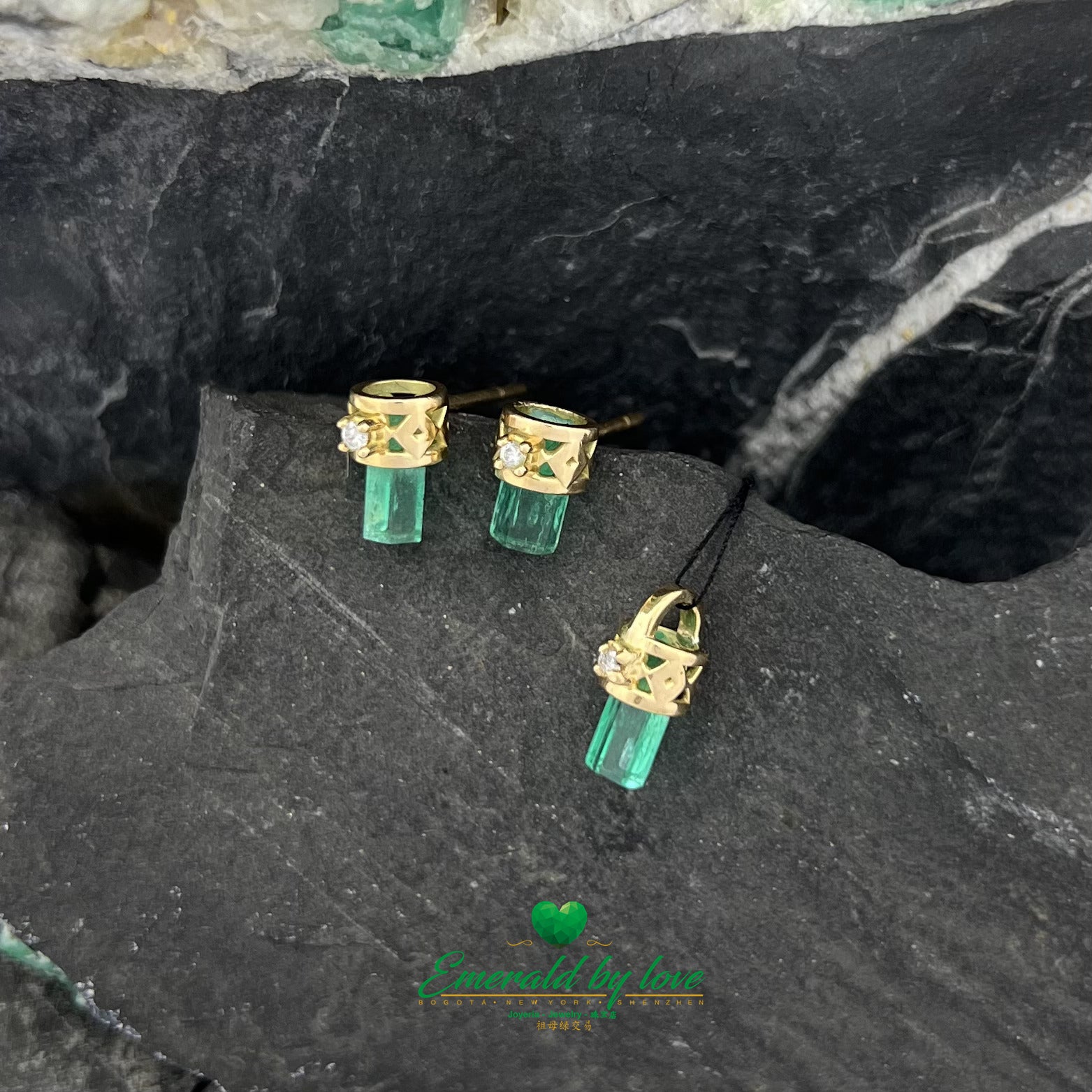 Rough Emeralds in Yellow Gold with Intricate Diamond Inlays