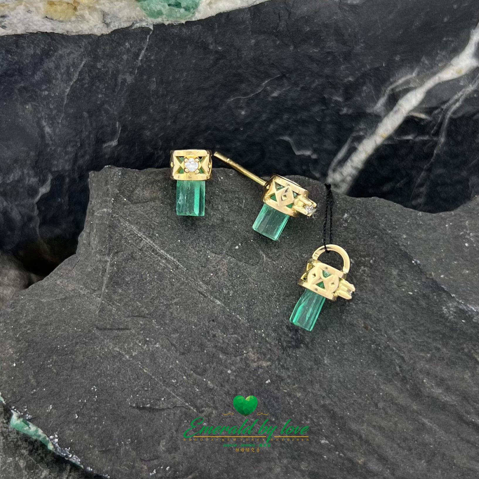 Rough Emeralds in Yellow Gold with Intricate Diamond Inlays