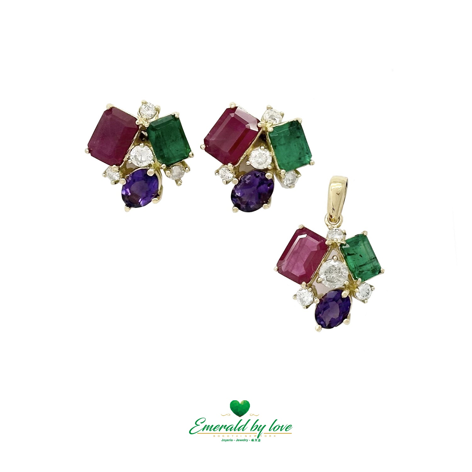 4-GemS Set in Yellow Gold with Emeralds, Amethysts, Diamonds, and Rubies