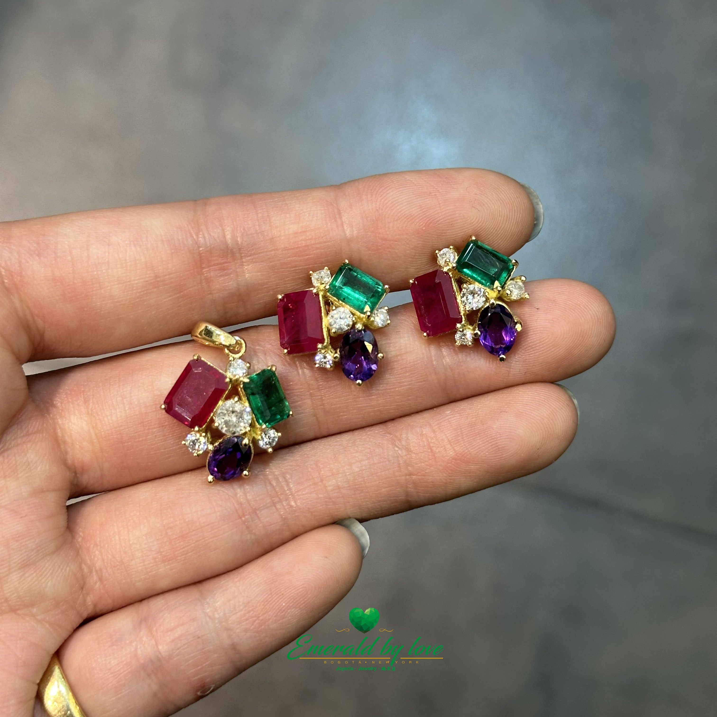 4-GemS Set in Yellow Gold with Emeralds, Amethysts, Diamonds, and Rubies