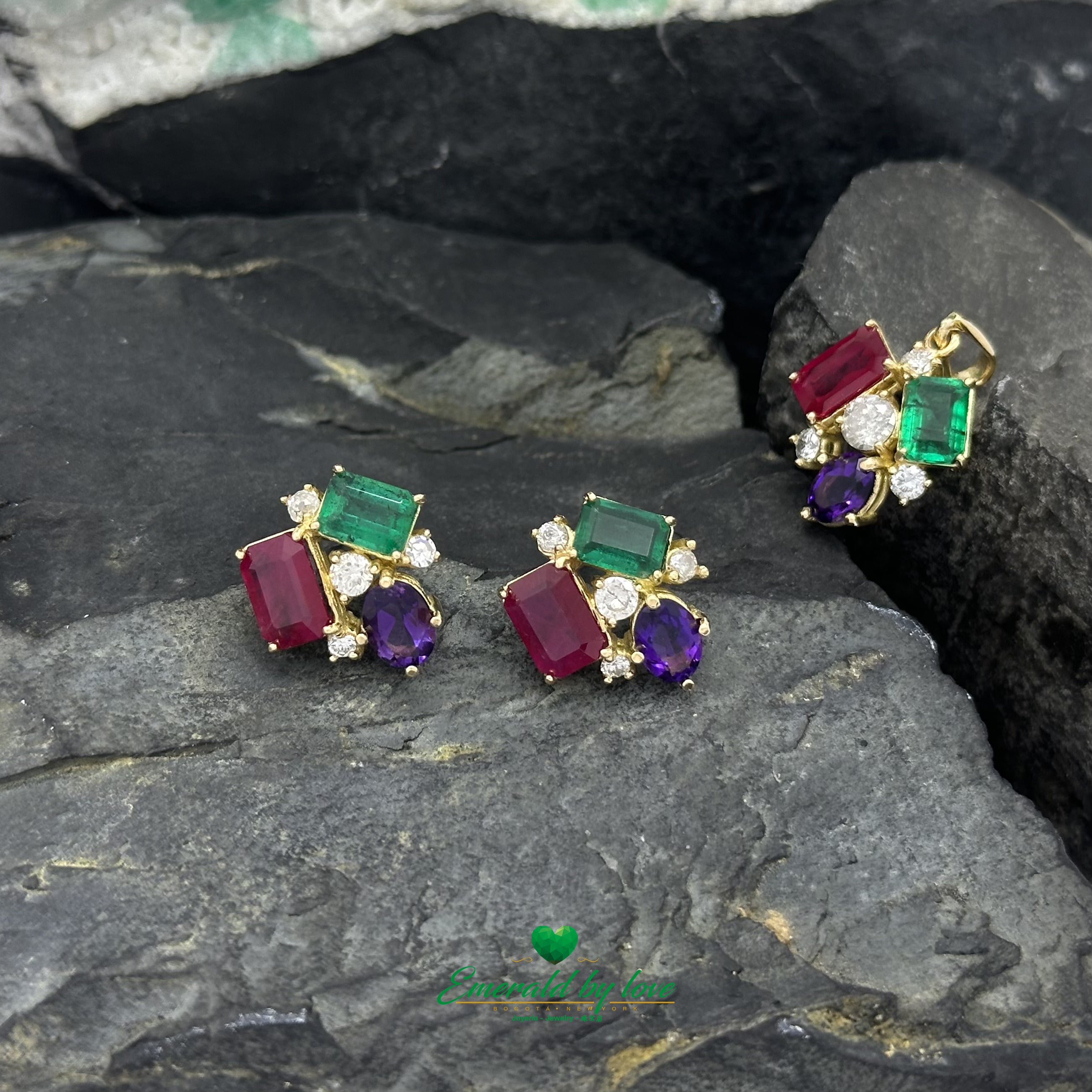 4-GemS Set in Yellow Gold with Emeralds, Amethysts, Diamonds, and Rubies