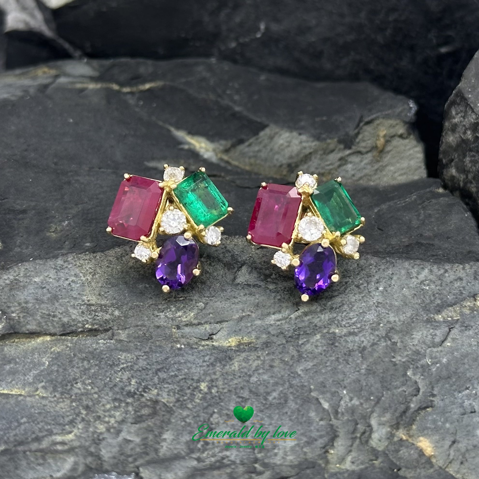 4-GemS Set in Yellow Gold with Emeralds, Amethysts, Diamonds, and Rubies