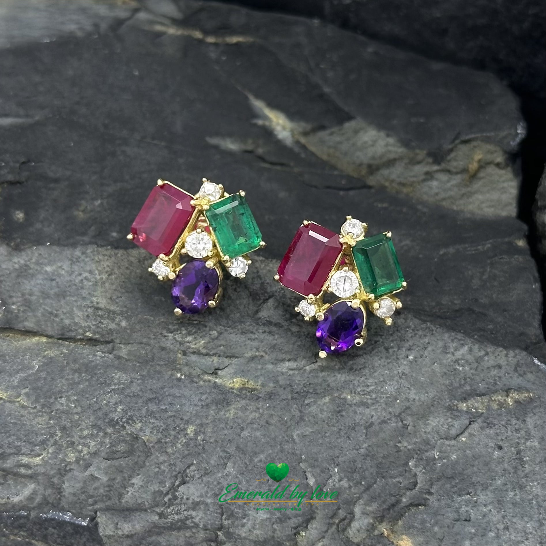 4-GemS Set in Yellow Gold with Emeralds, Amethysts, Diamonds, and Rubies