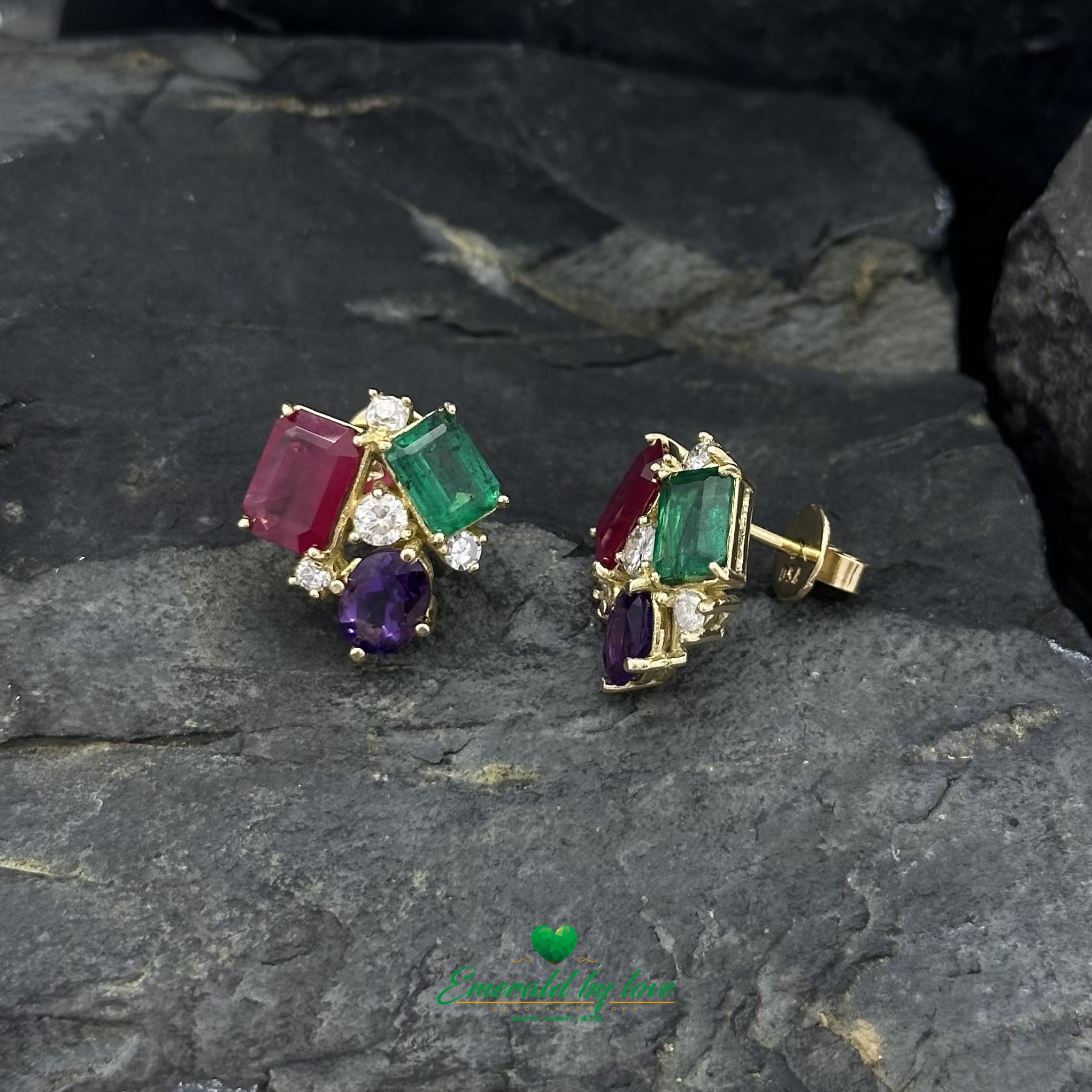 4-GemS Set in Yellow Gold with Emeralds, Amethysts, Diamonds, and Rubies