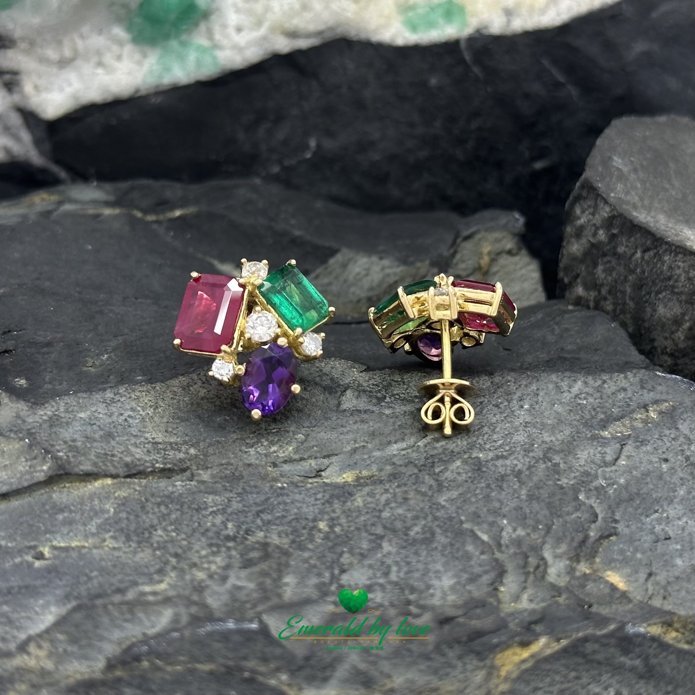 4-GemS Set in Yellow Gold with Emeralds, Amethysts, Diamonds, and Rubies