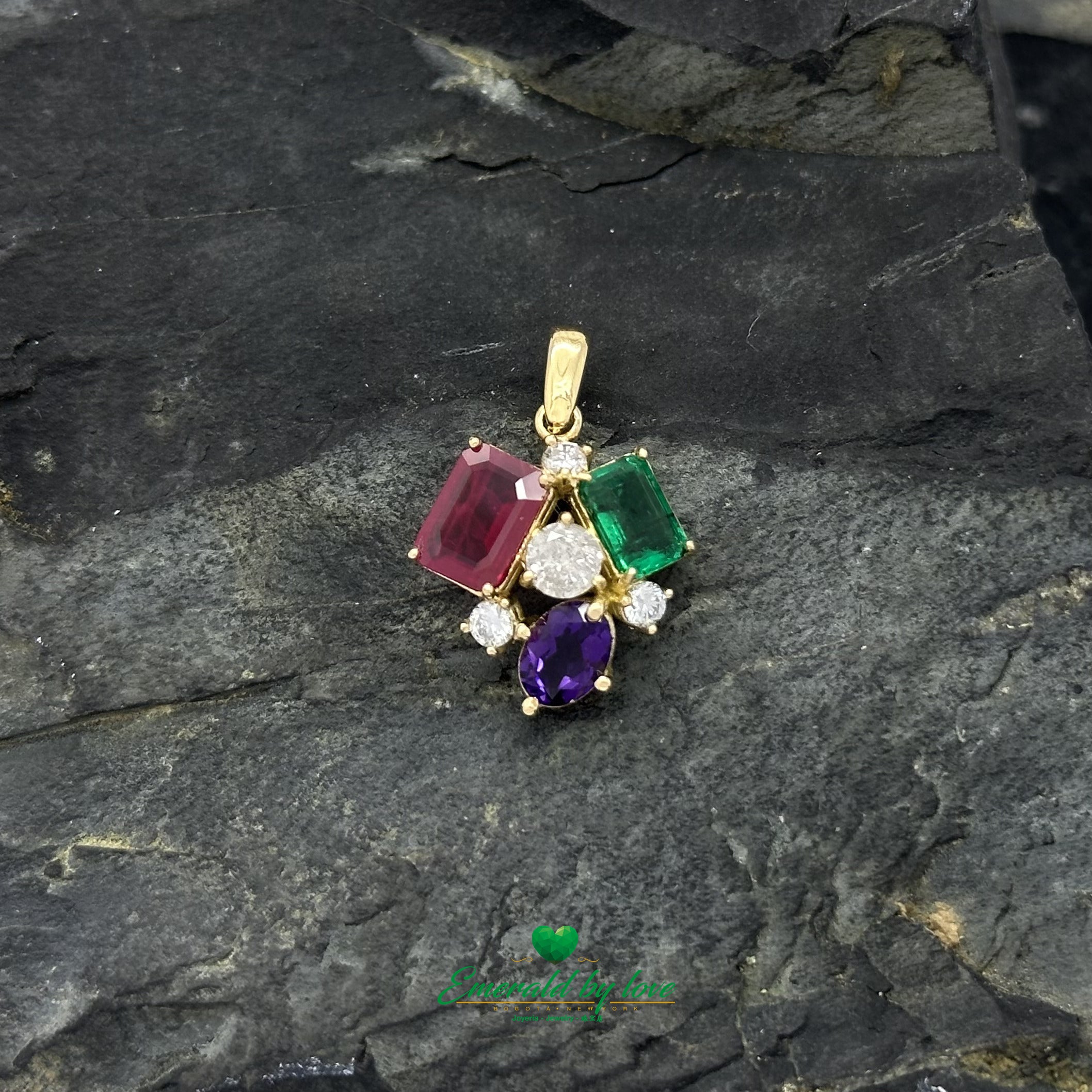 4-GemS Set in Yellow Gold with Emeralds, Amethysts, Diamonds, and Rubies