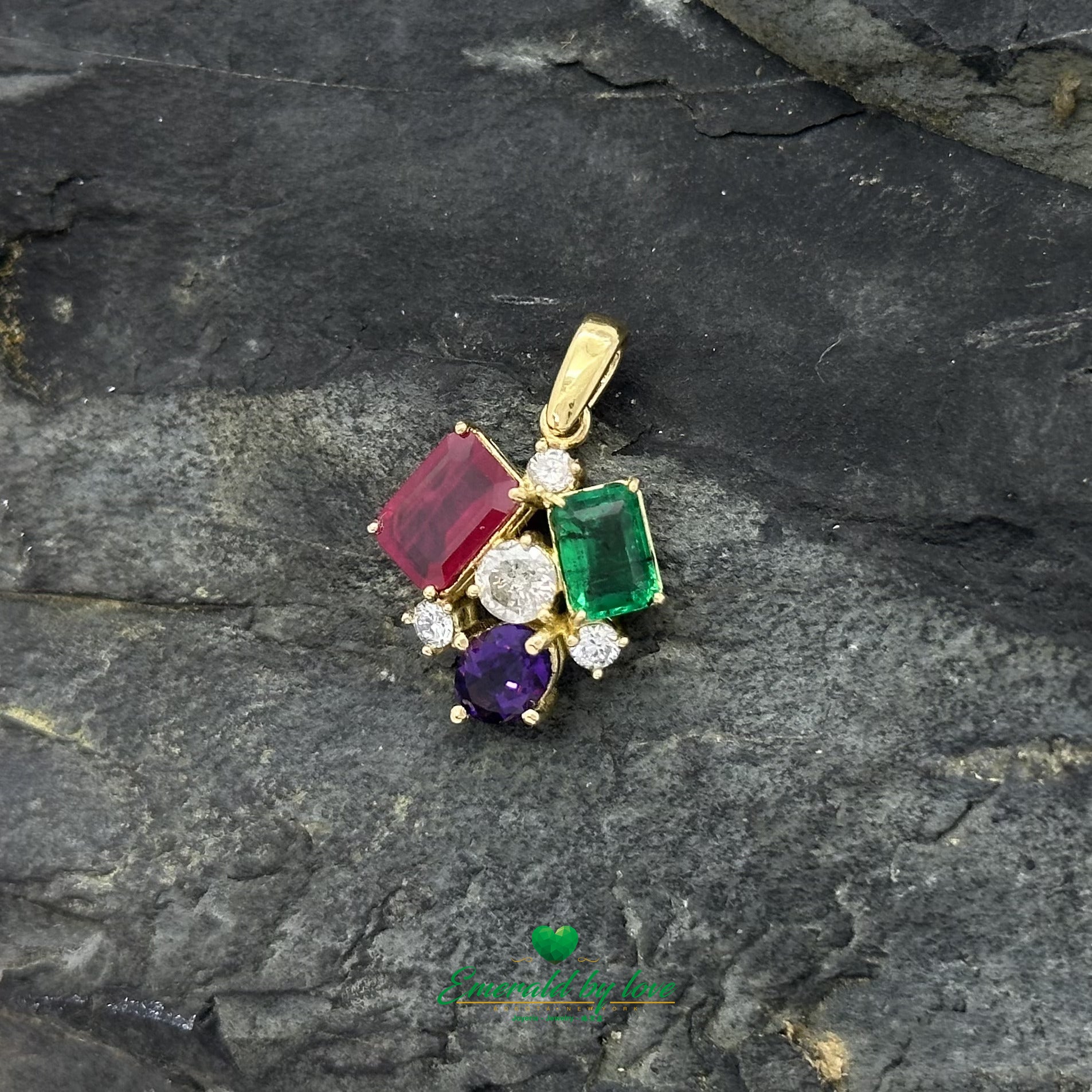 4-GemS Set in Yellow Gold with Emeralds, Amethysts, Diamonds, and Rubies