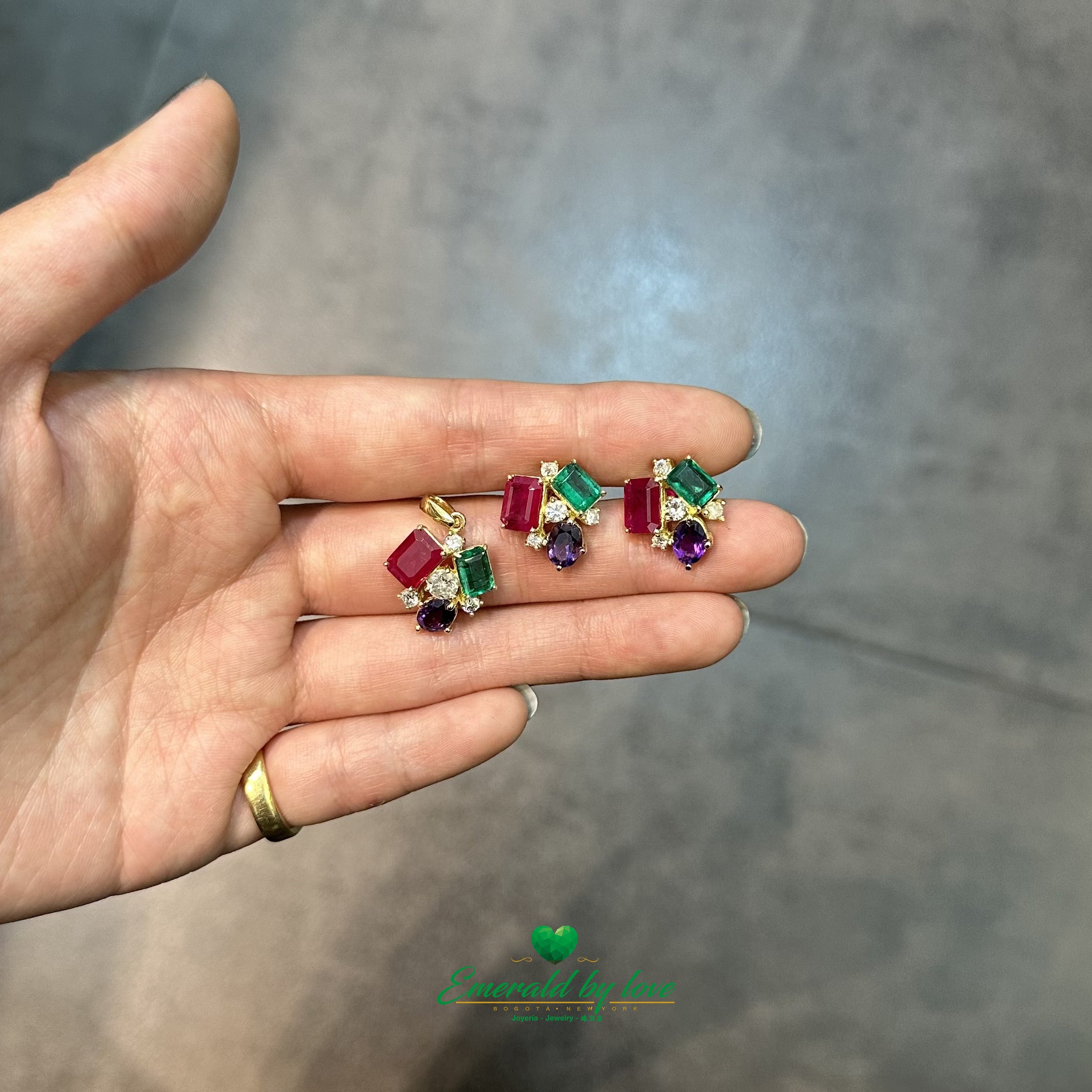 4-GemS Set in Yellow Gold with Emeralds, Amethysts, Diamonds, and Rubies