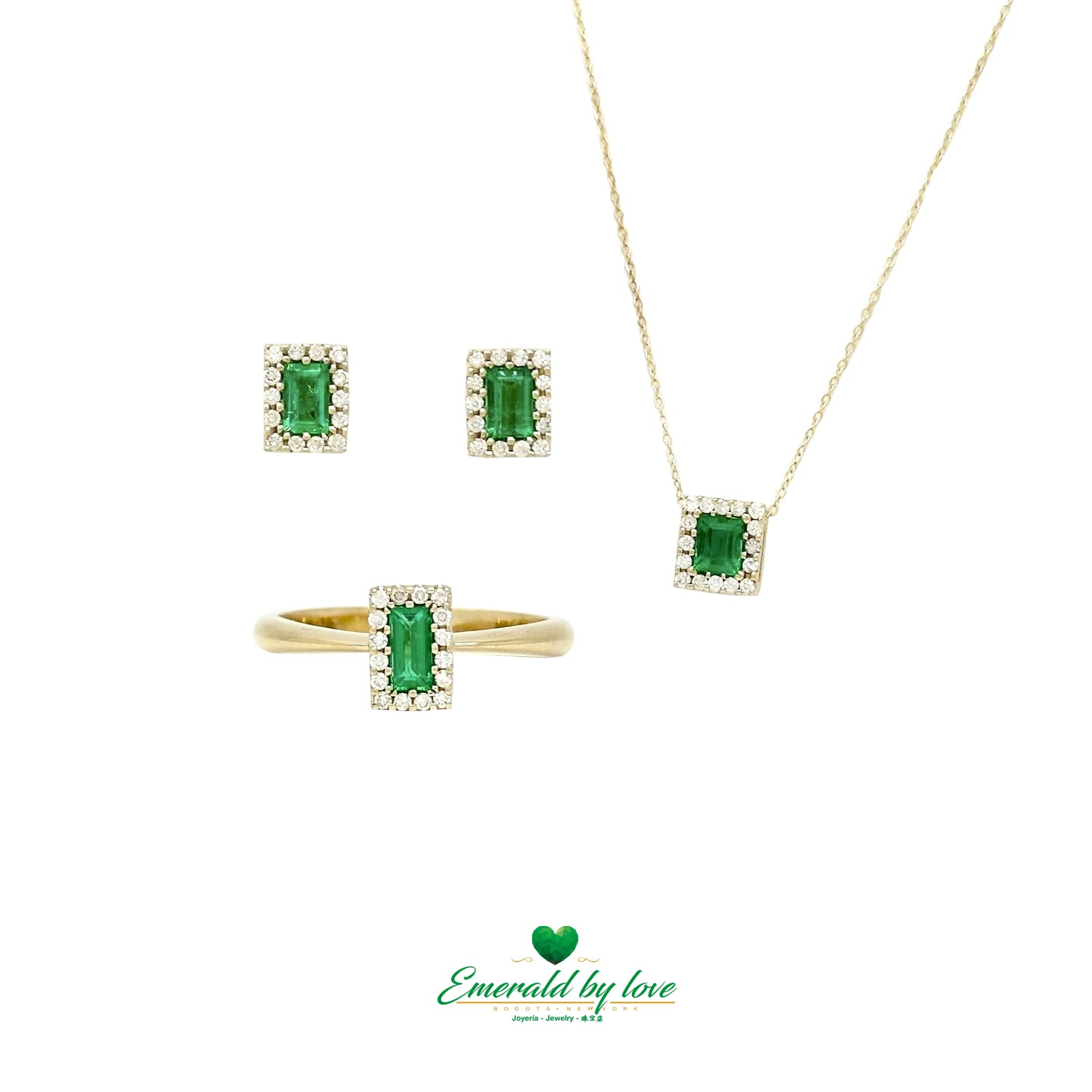 Yellow Gold Cluster Set – Ring, Earrings, and Pendant with Baguette Emeralds and Diamonds