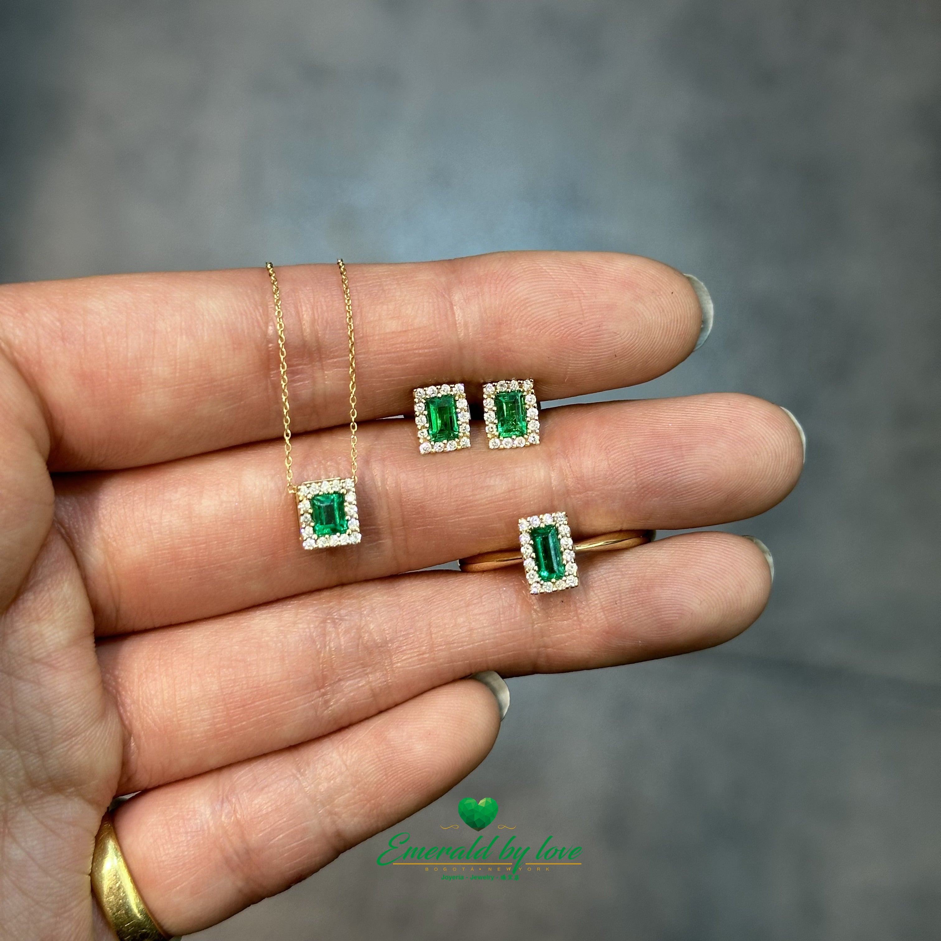 Yellow Gold Cluster Set – Ring, Earrings, and Pendant with Baguette Emeralds and Diamonds