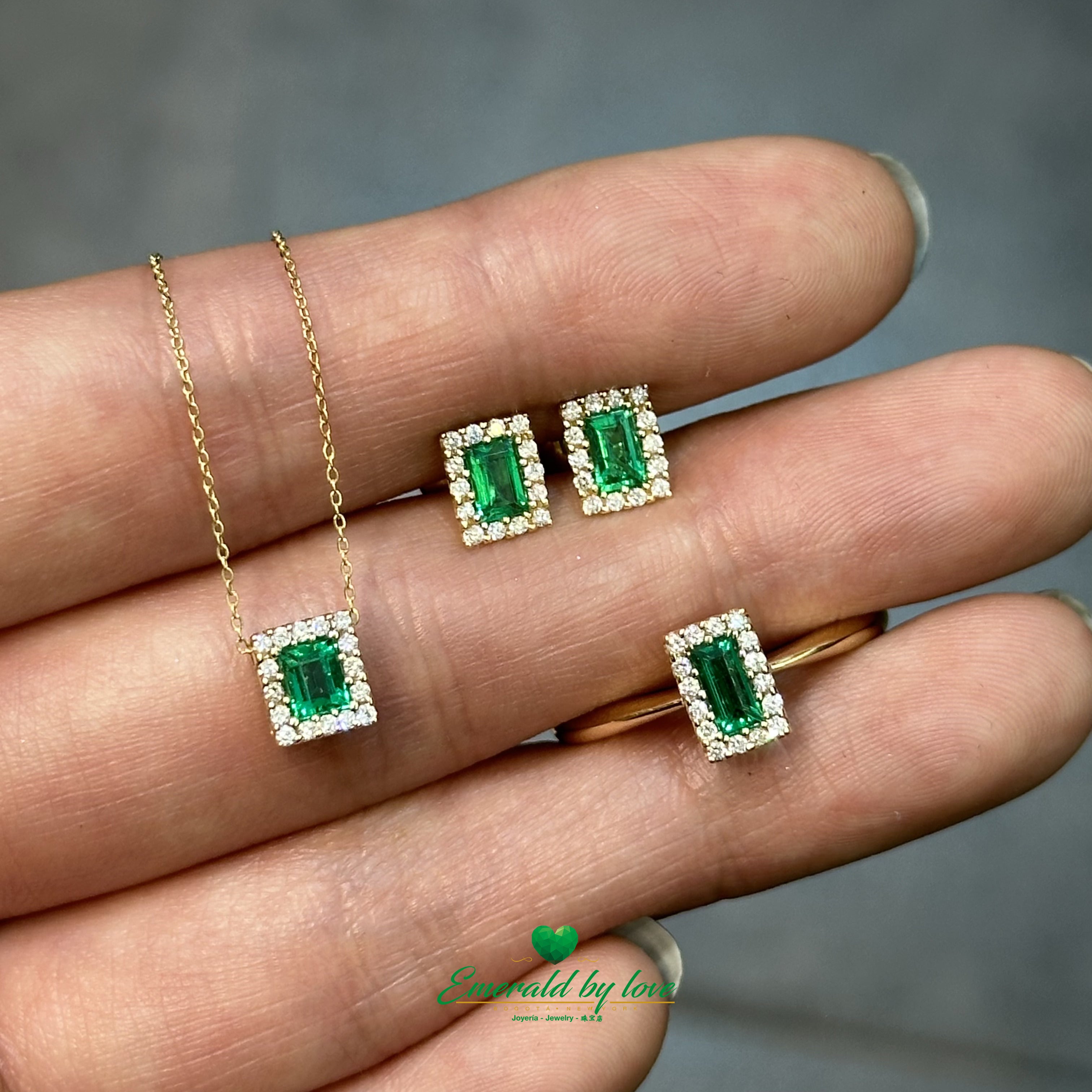 Yellow Gold Cluster Set – Ring, Earrings, and Pendant with Baguette Emeralds and Diamonds