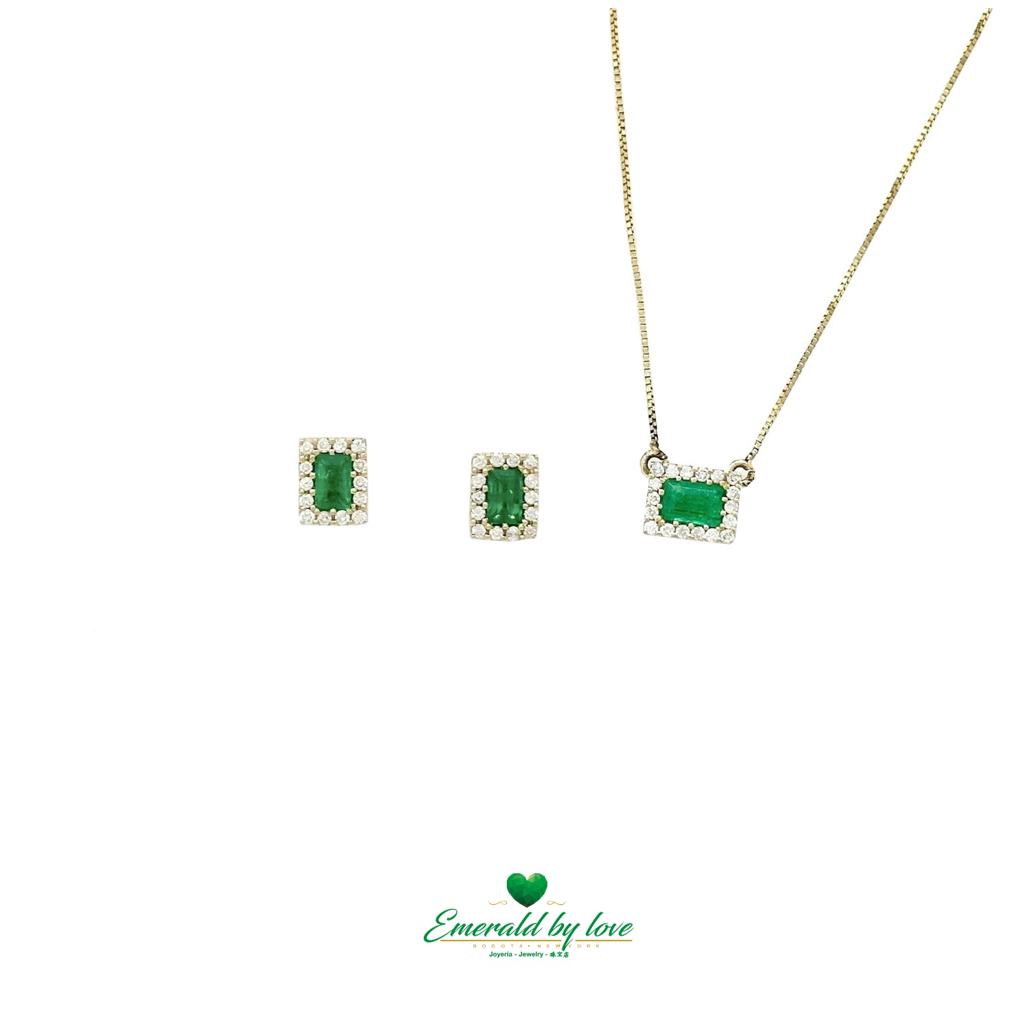 Elegante conjunto de joyas con esmeralda colombiana talla baguette y esmeralda horizontal en colgante