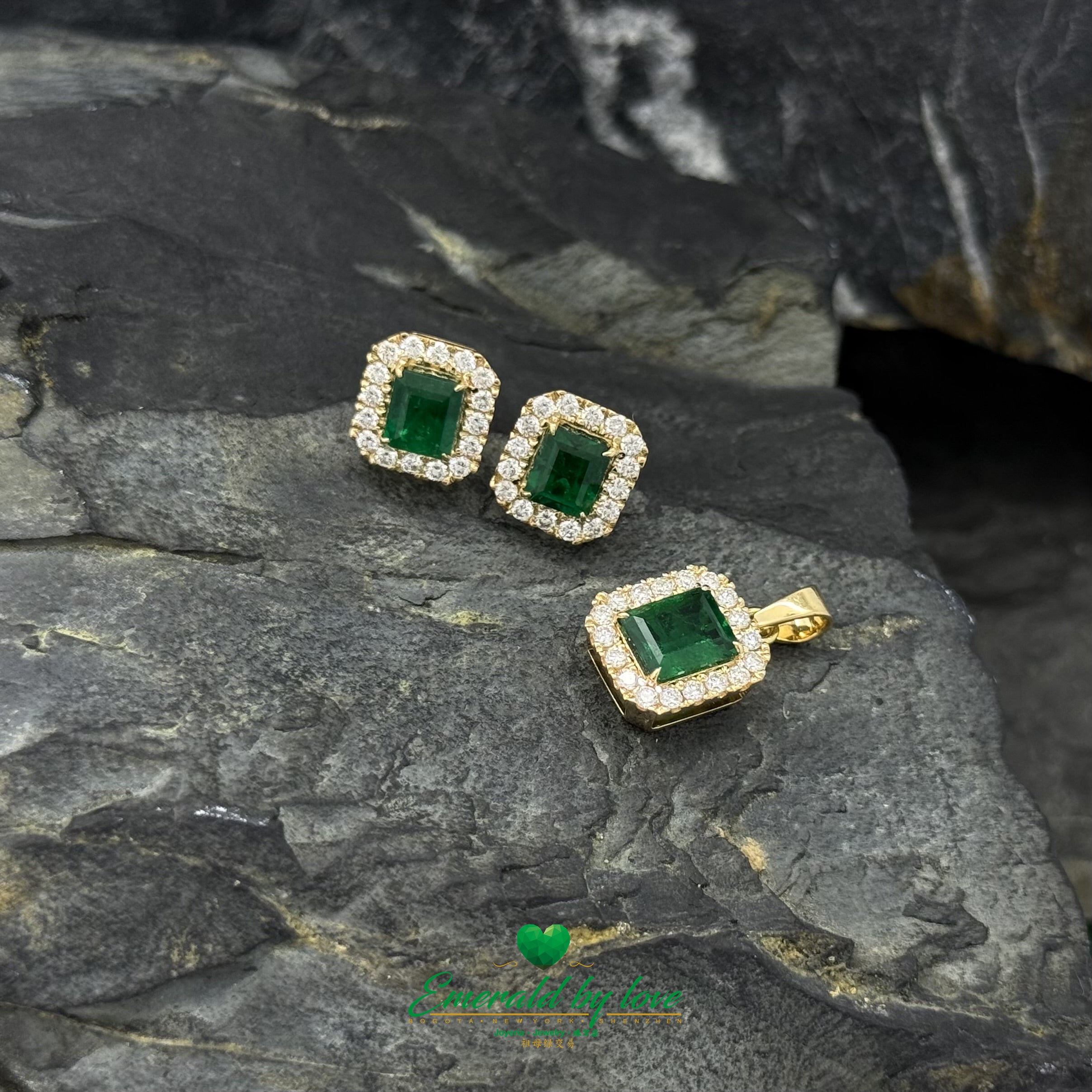 Luxury Emerald-Cut Colombian Emerald Pendant & Earrings Set with Diamond Cluster Setting