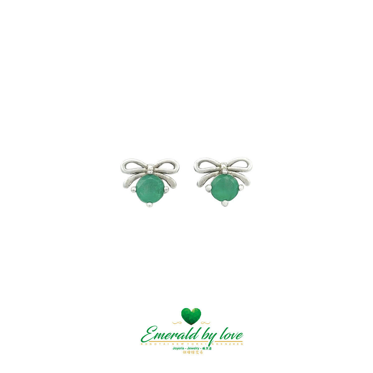 Silver Bow Earrings with Round Colombian Emeralds