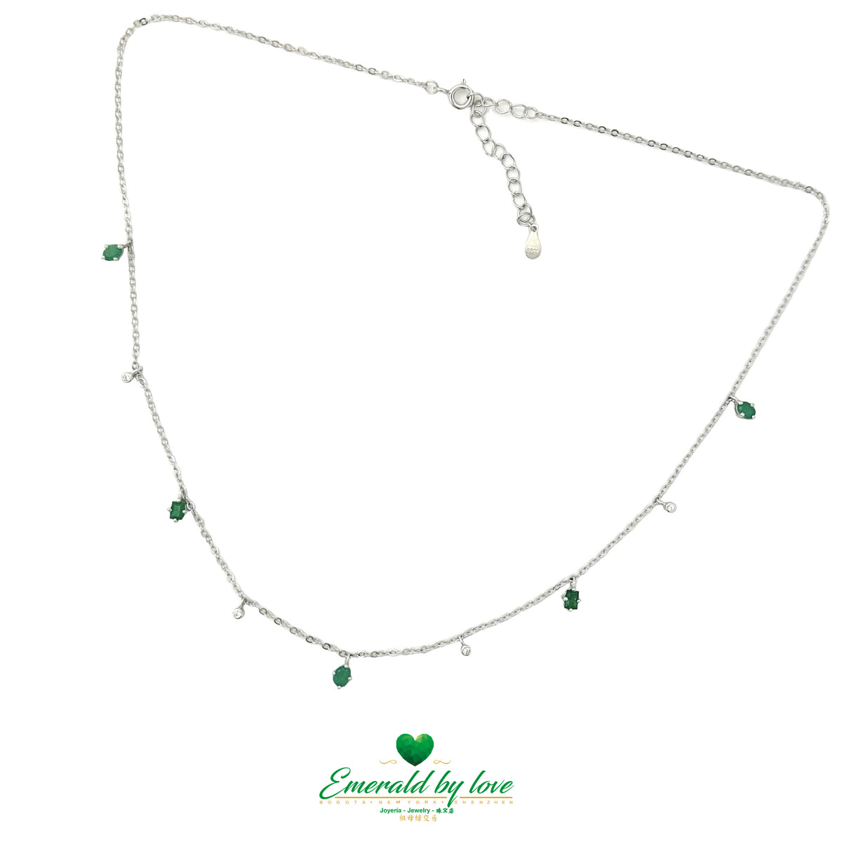 Silver Choker Necklace with Alternating Emeralds and White Zircons