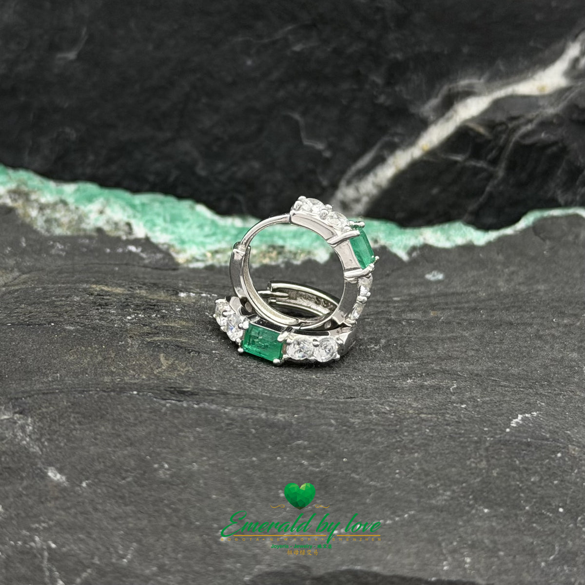 Silver Hoop Earrings Featuring Round Emeralds and Zircon Accents
