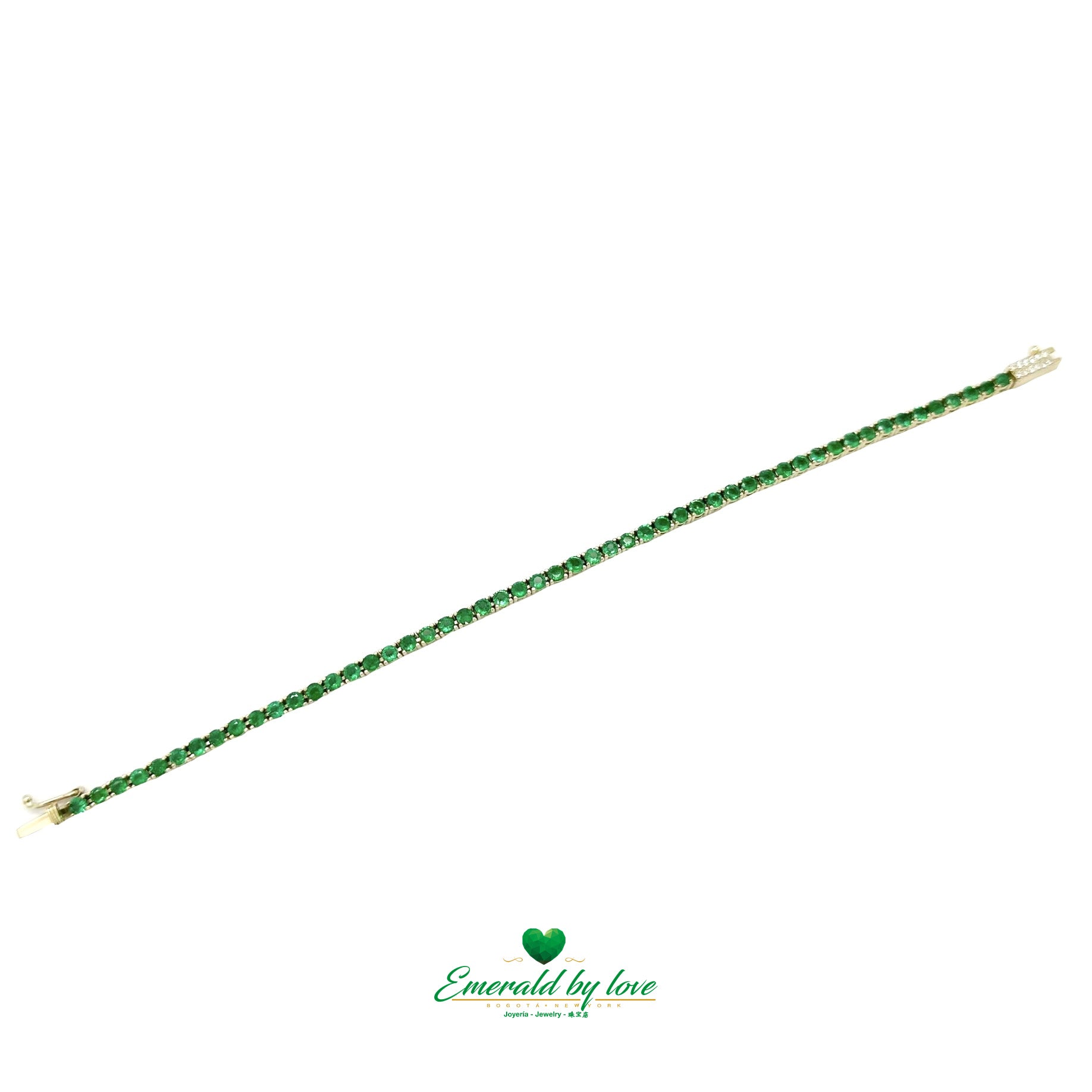 Slim Colombian Emerald Tennis Bracelet in 18K Yellow Gold with Diamond Clasp