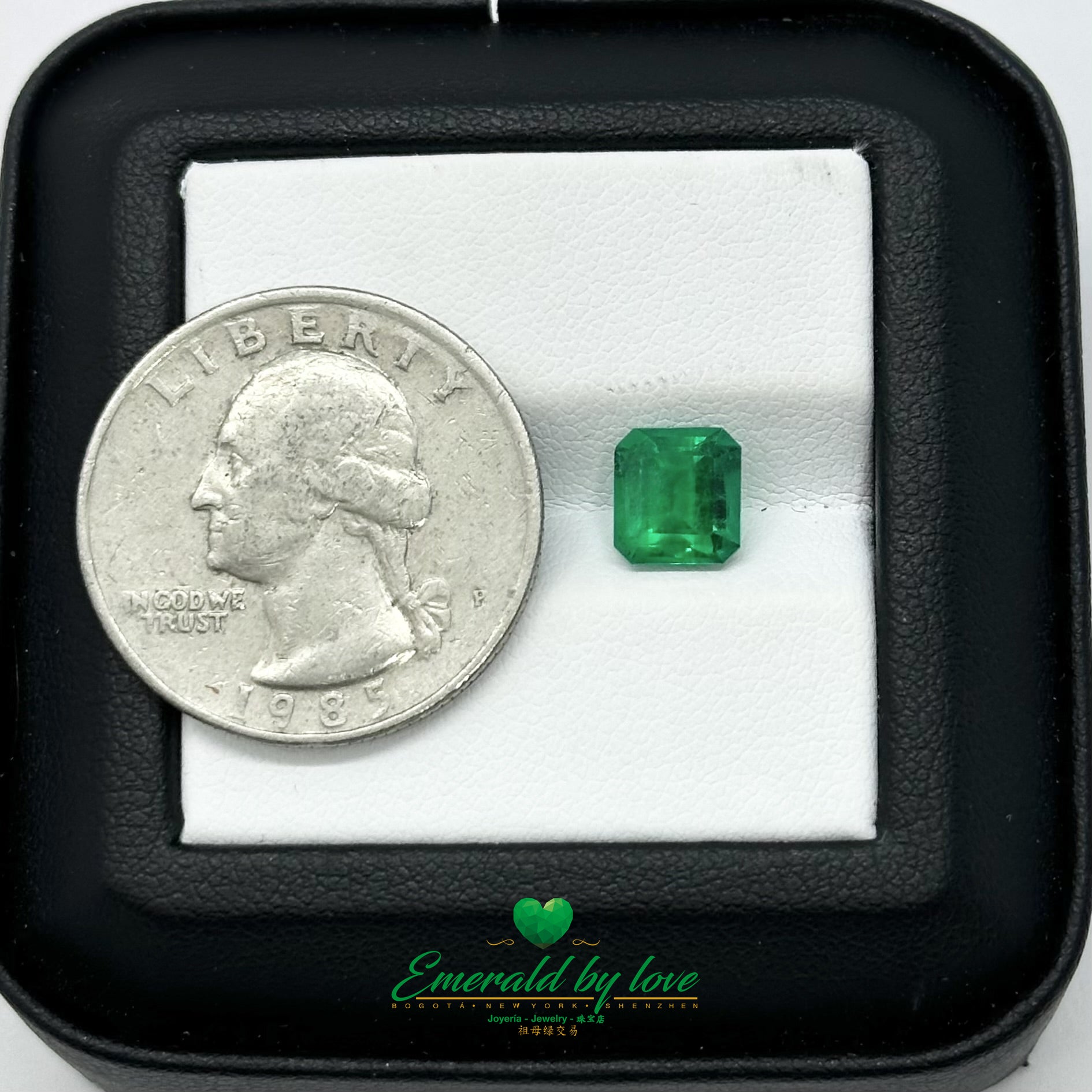  Loose 1.52 ct Colombian emerald with intense green hue and sharp square facets