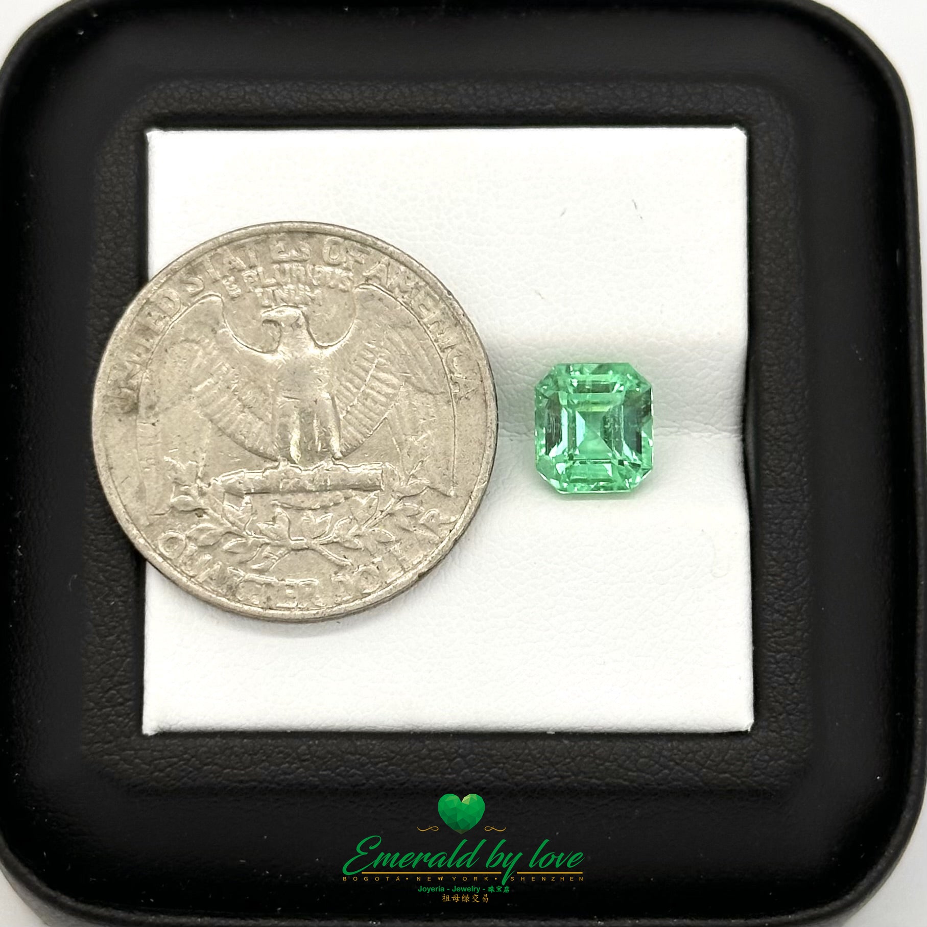 Square-shaped Colombian emerald weighing 1.90 carats with vivid color and symmetry
