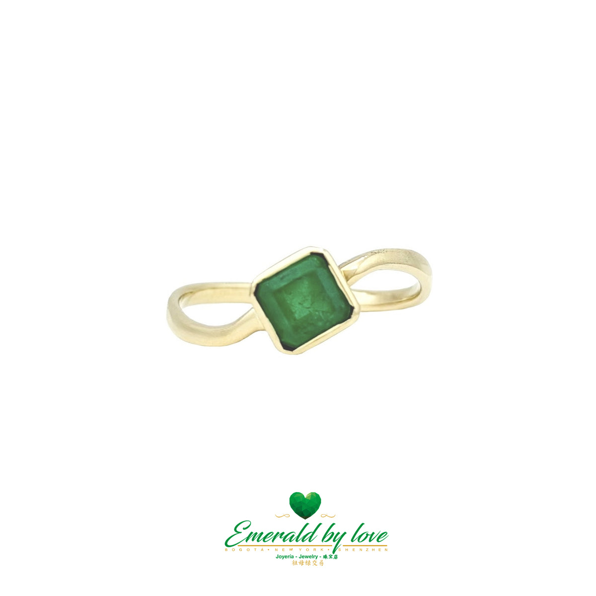 Square Colombian Emerald Ring with Wave-Style Band