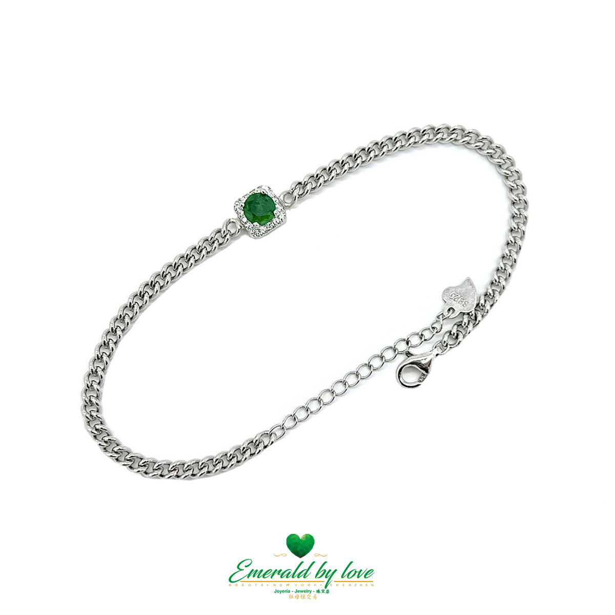 Sterling Silver Bracelet with Round Colombian Emerald and Square Zircon Halo