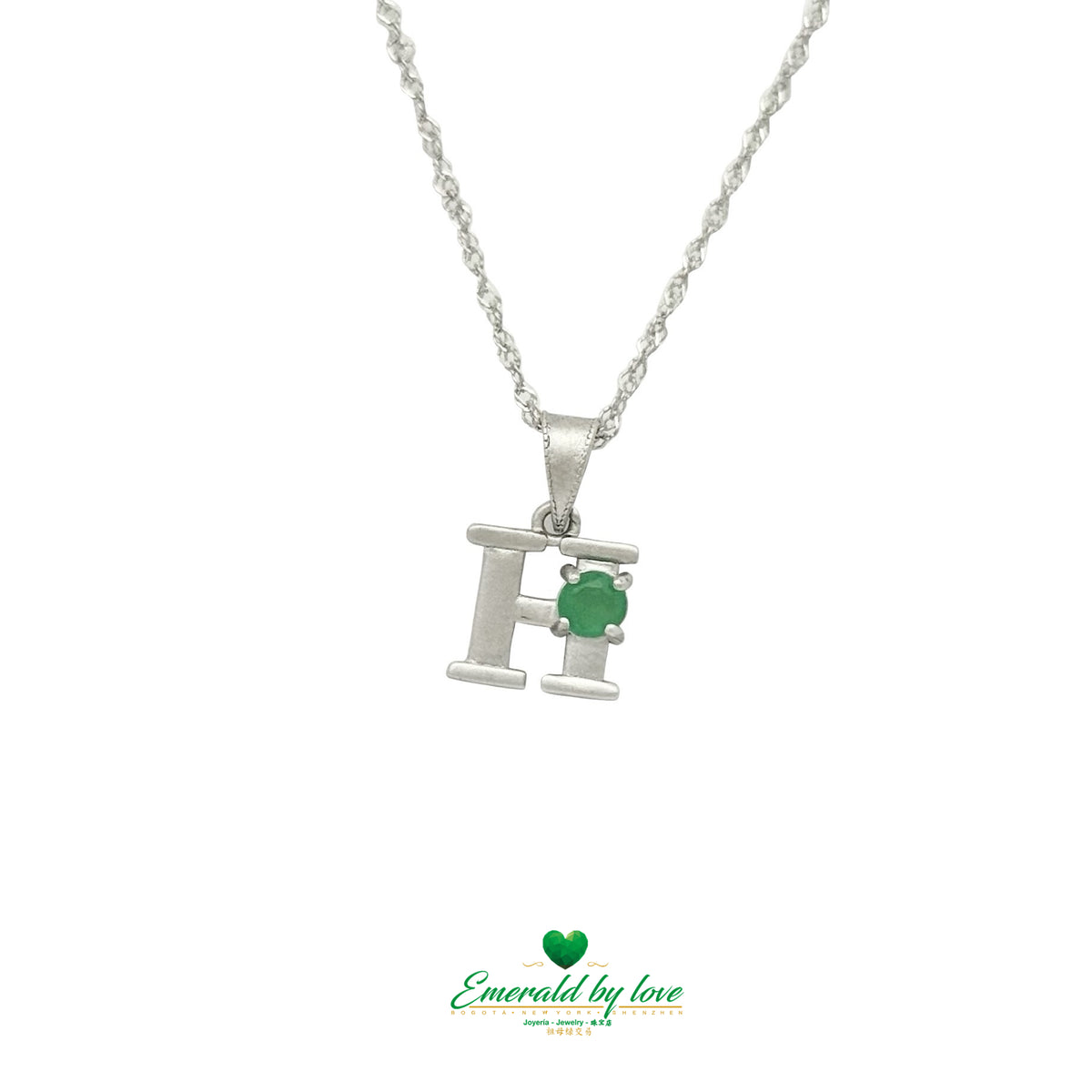Sterling Silver 'H' Initial Pendant with Central Round Emerald
