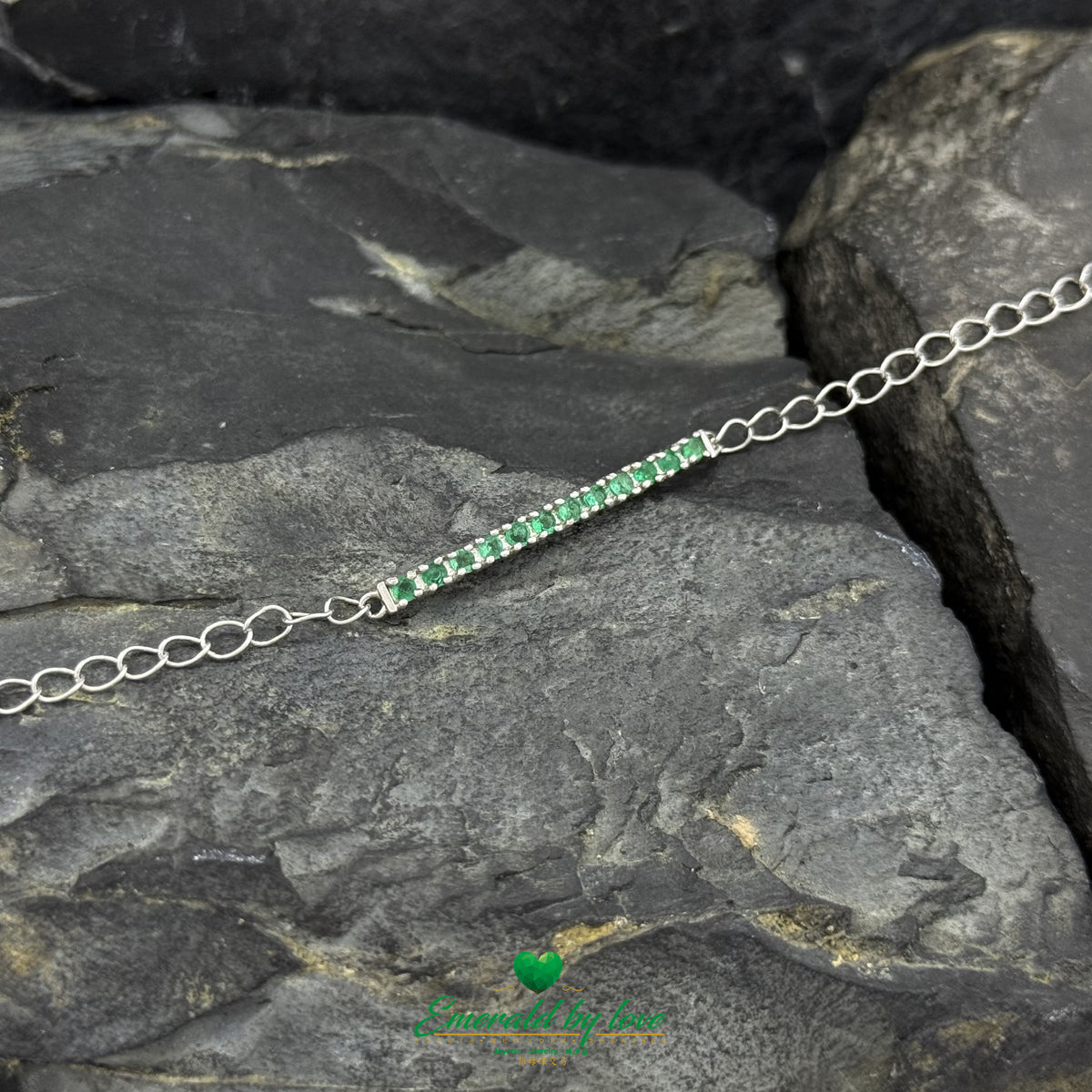 Sterling Silver Semi-Band Bracelet Featuring Round Colombian Emeralds