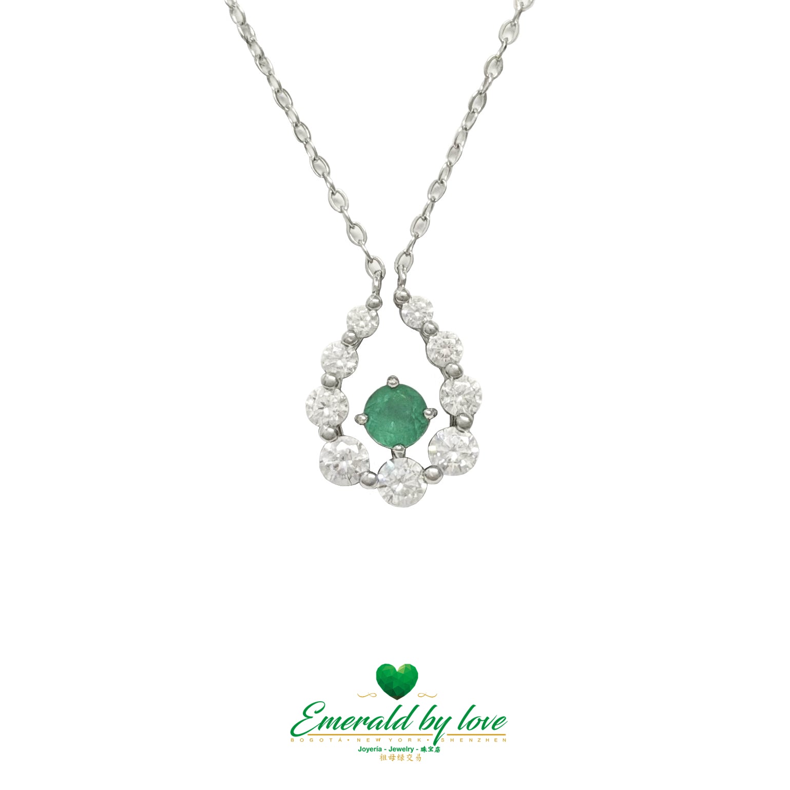 Sterling Silver Teardrop Pendant Featuring a Natural Round Emerald and White Zircon