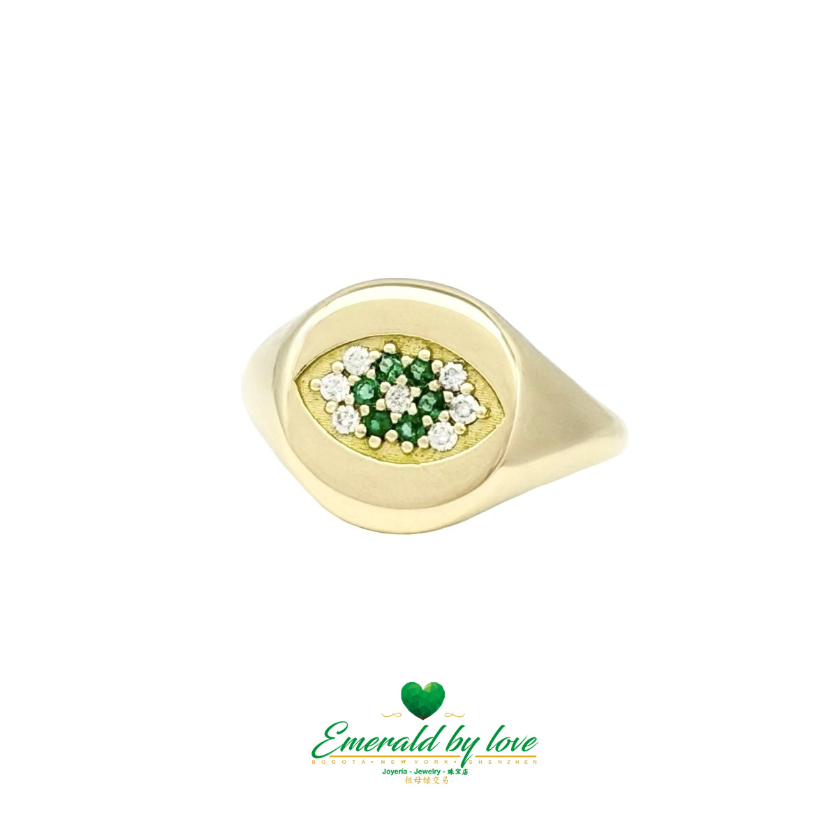Yellow Gold Pinky Ring with Colombian Emeralds and Diamonds