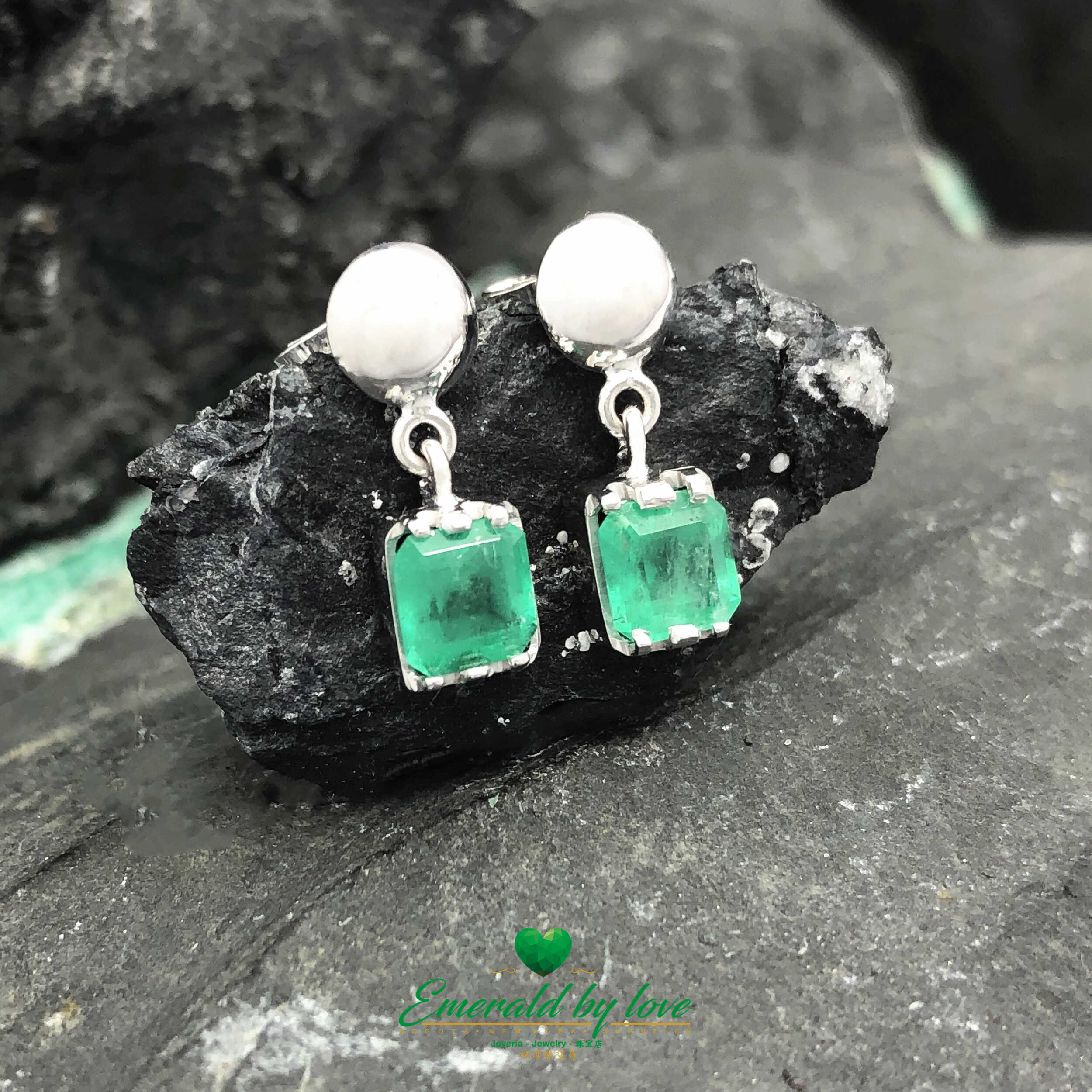 Square Colombian Emerald Earrings in 18K White Gold