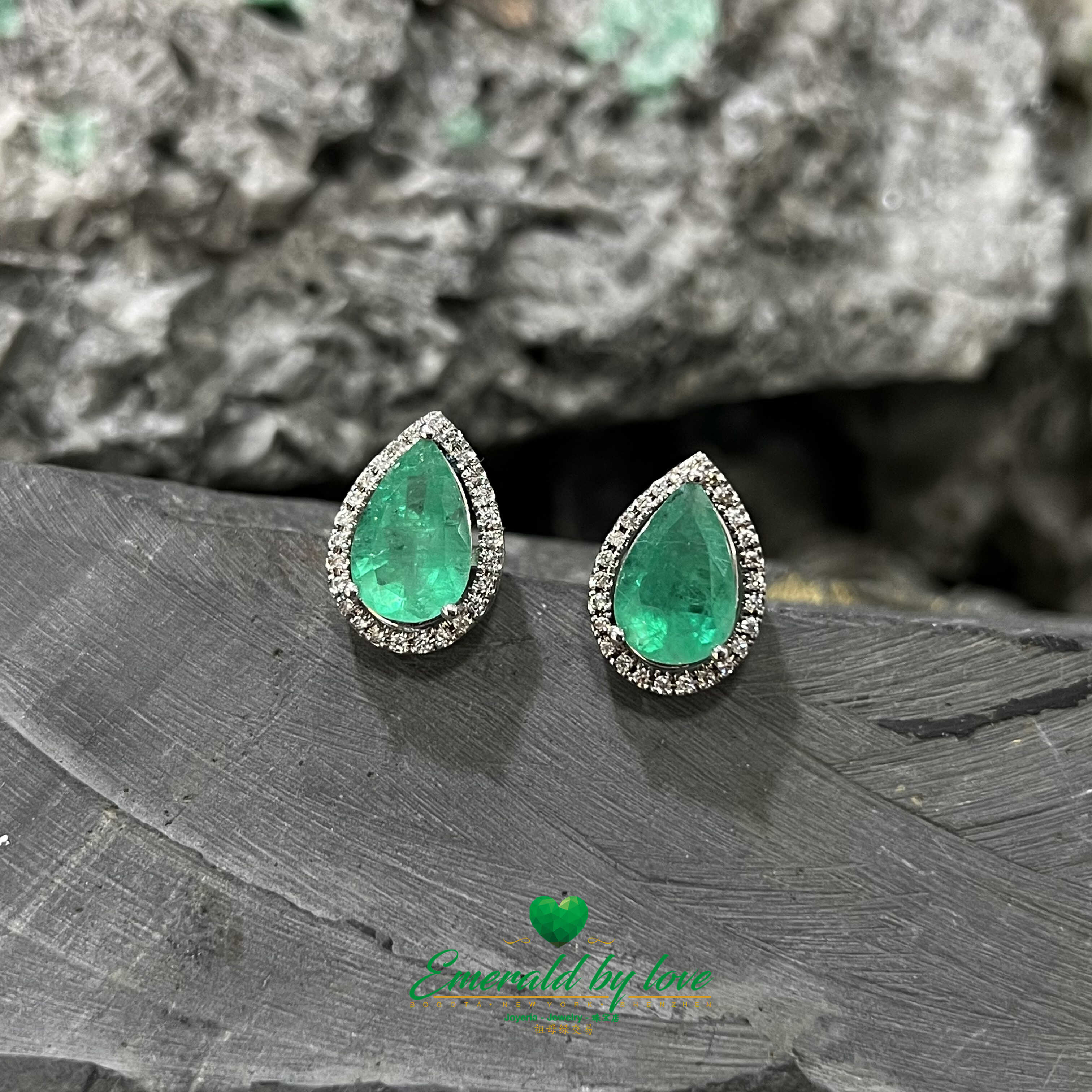 Stunning White Gold Marquise Earrings: 6.36 TCW Tear-Drop Emeralds, 0.52 CT Diamonds