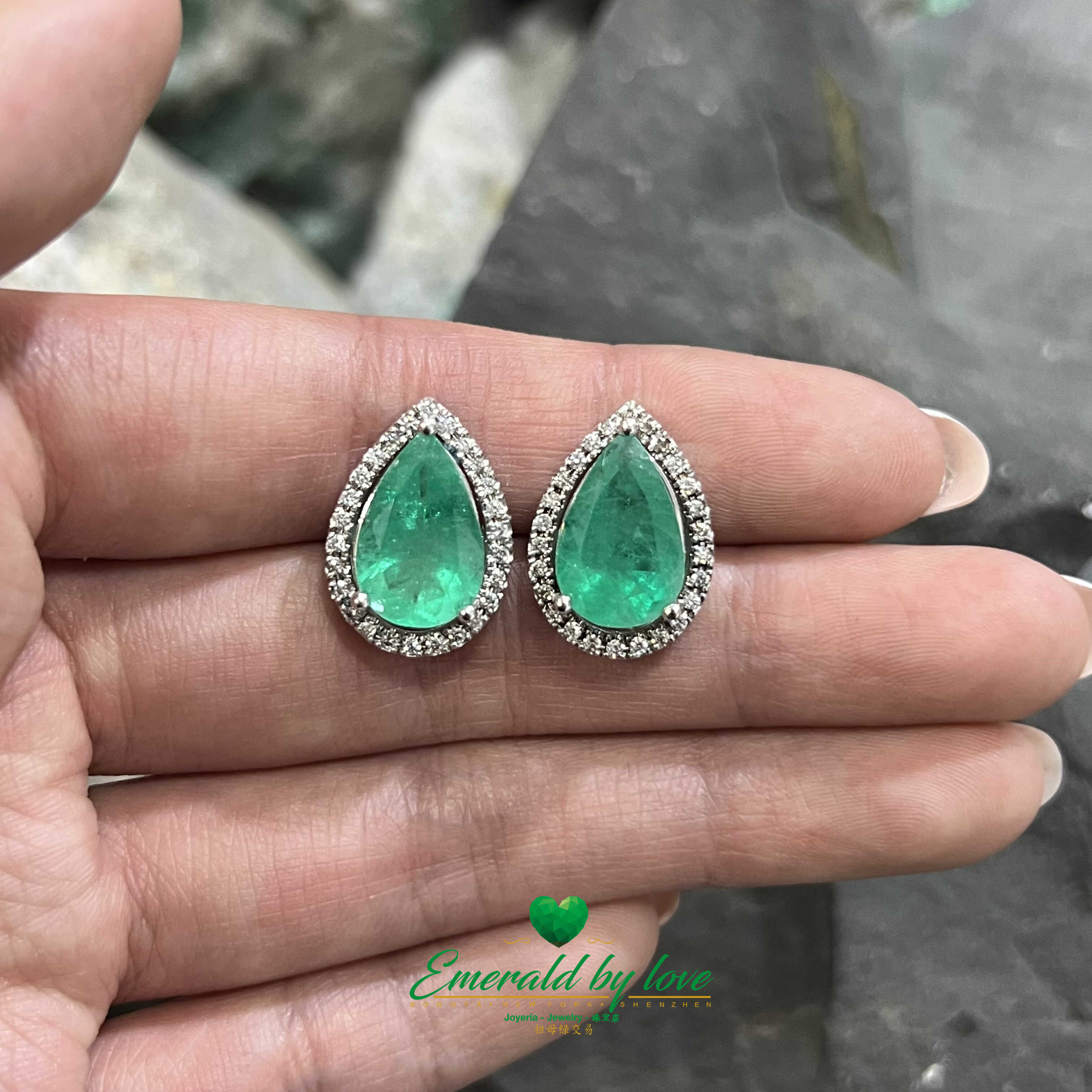 Stunning White Gold Marquise Earrings: 6.36 TCW Tear-Drop Emeralds, 0.52 TCW Diamonds