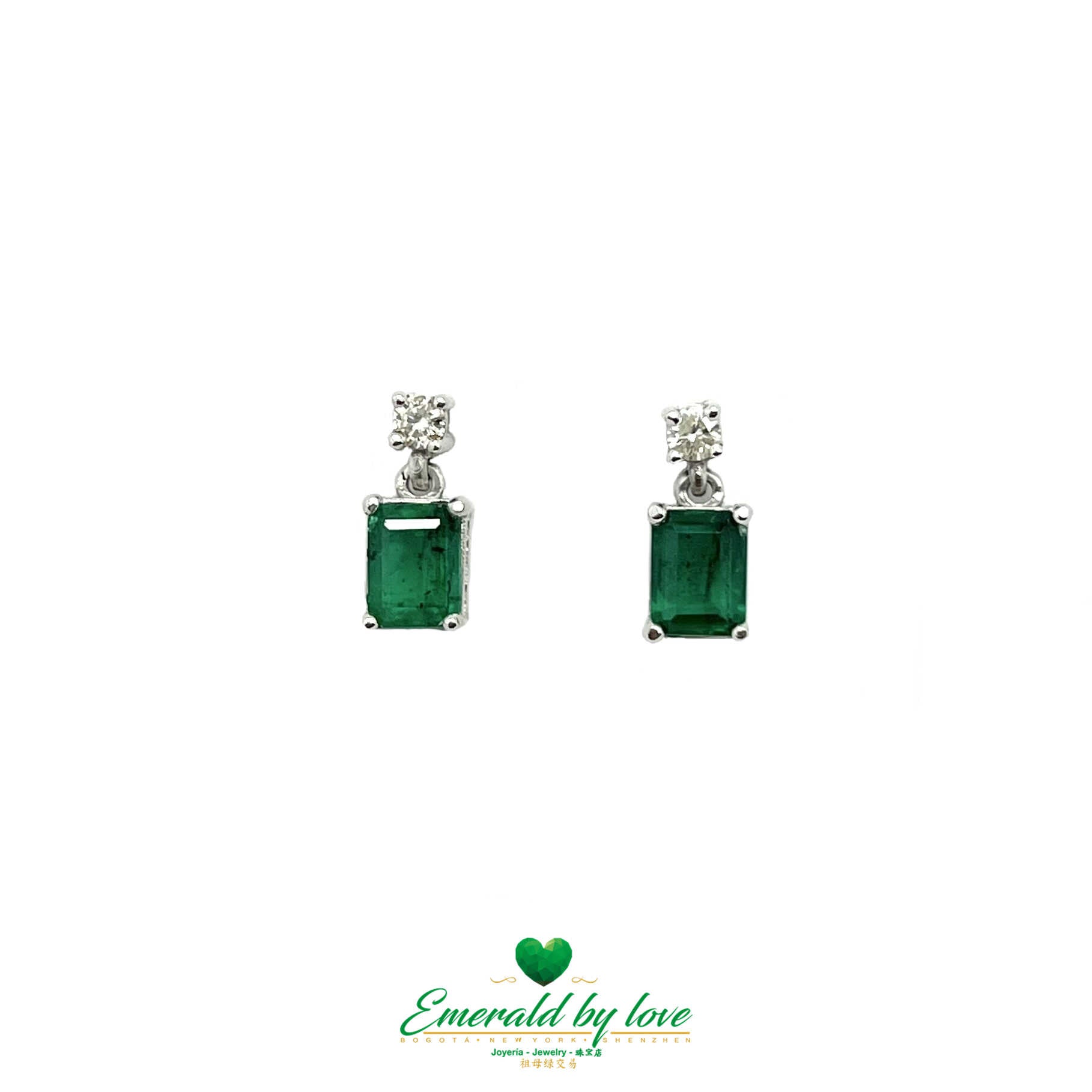 Beautiful Colombian Emerald and Diamond White Gold Earrings - 1.46 Ct Emerald Cut Gems
