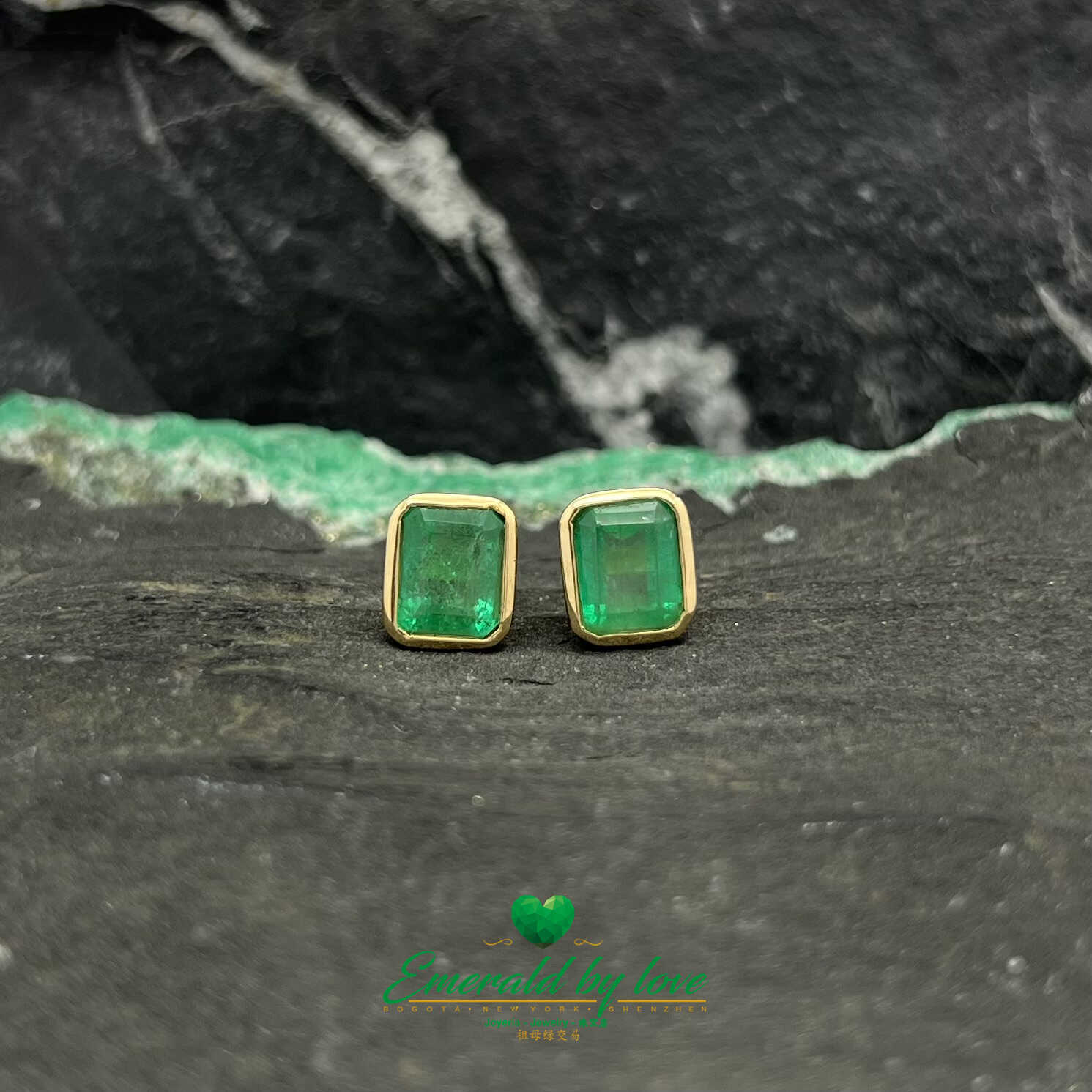 Fabulous Yellow Gold Bezel-Set Emerald Cut Emerald Earrings: 2.49 TCW