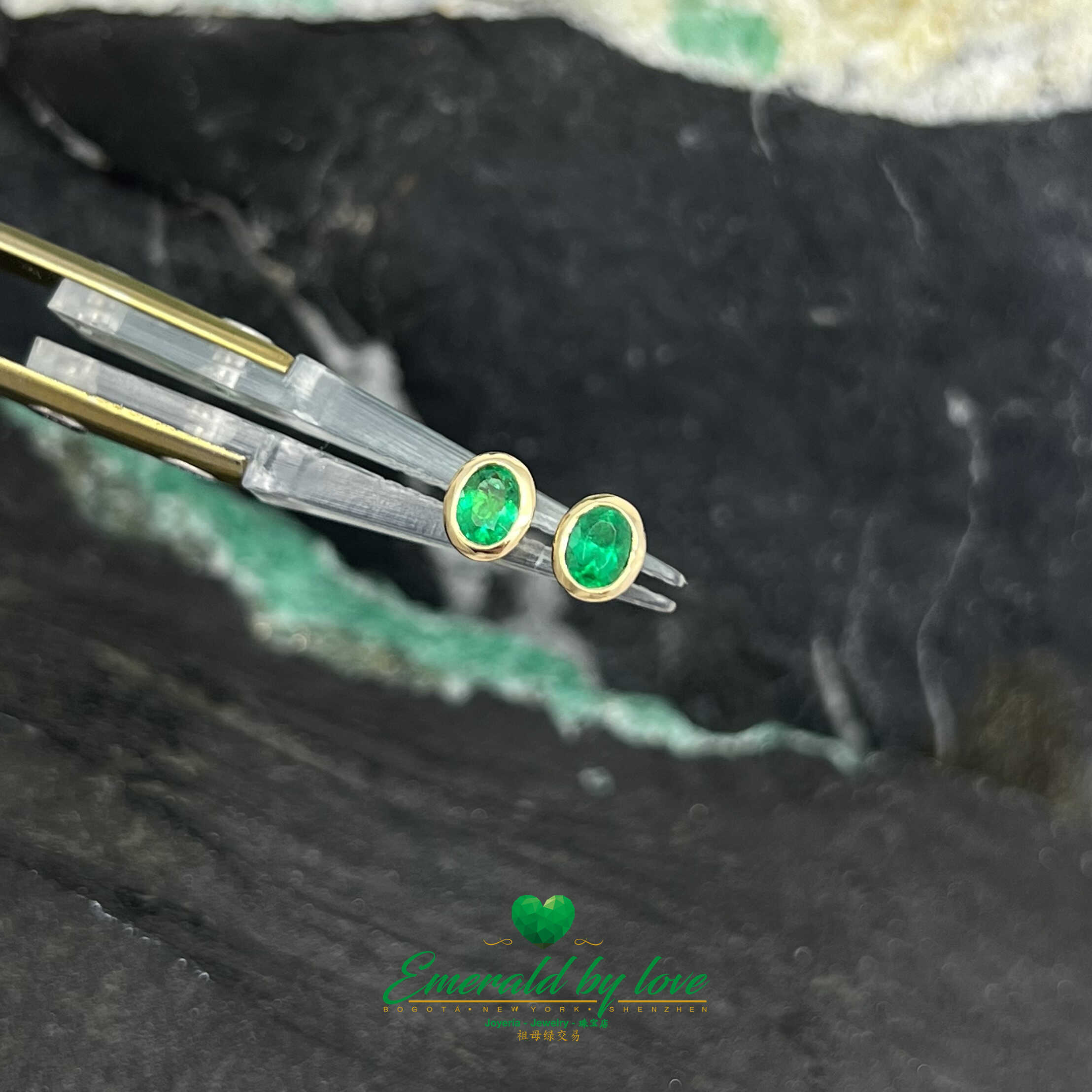 Sculpted Elegance: 18K Yellow Gold Bezel-Set Stud Earrings with 0.35 TCW Colombian Emeralds