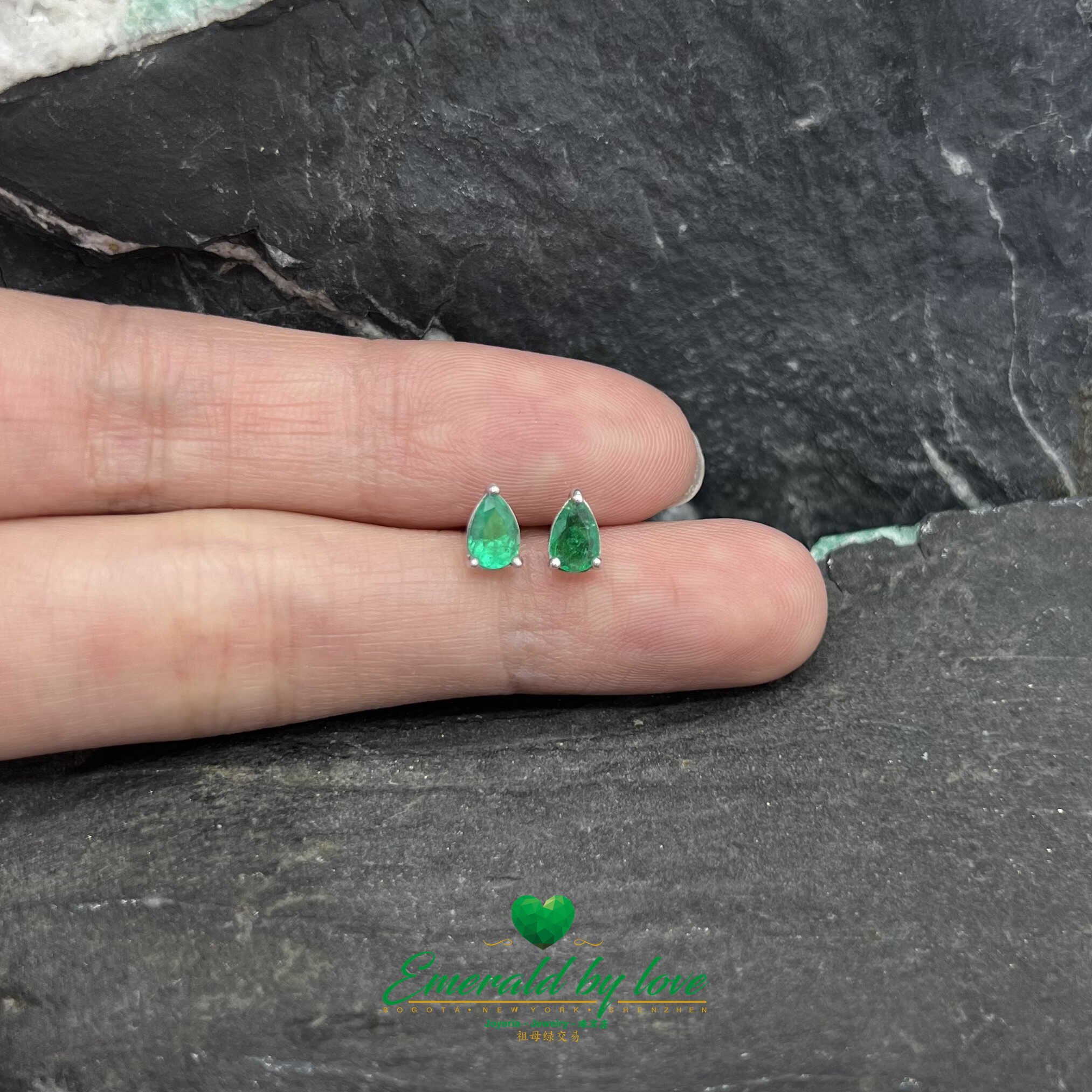 Ethereal Elegance: 18K White Gold Stud Earrings with 0.45 TCW Colombian Emeralds