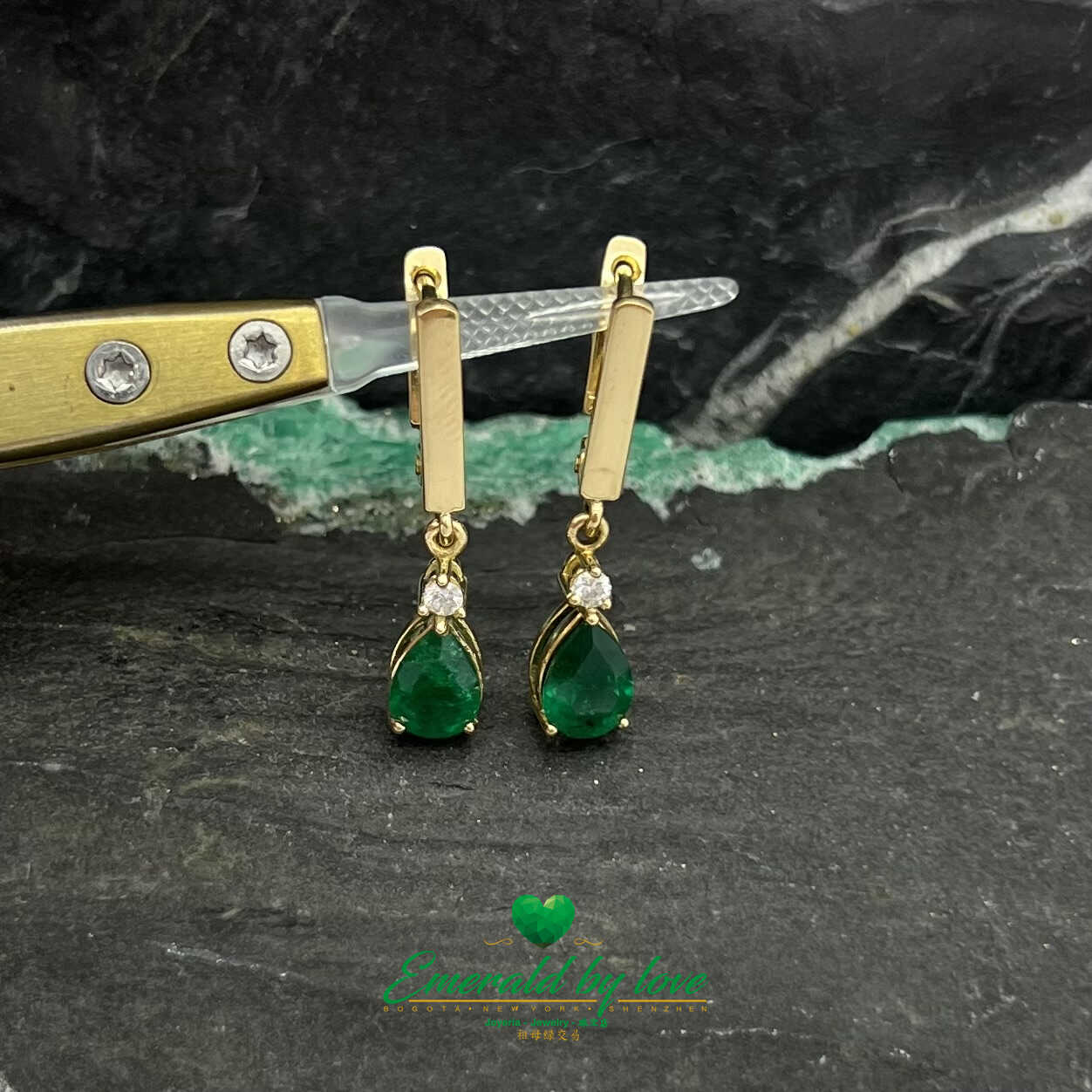 Radiant Cascades - 18k Yellow Gold Long Teardrop Emerald Earrings