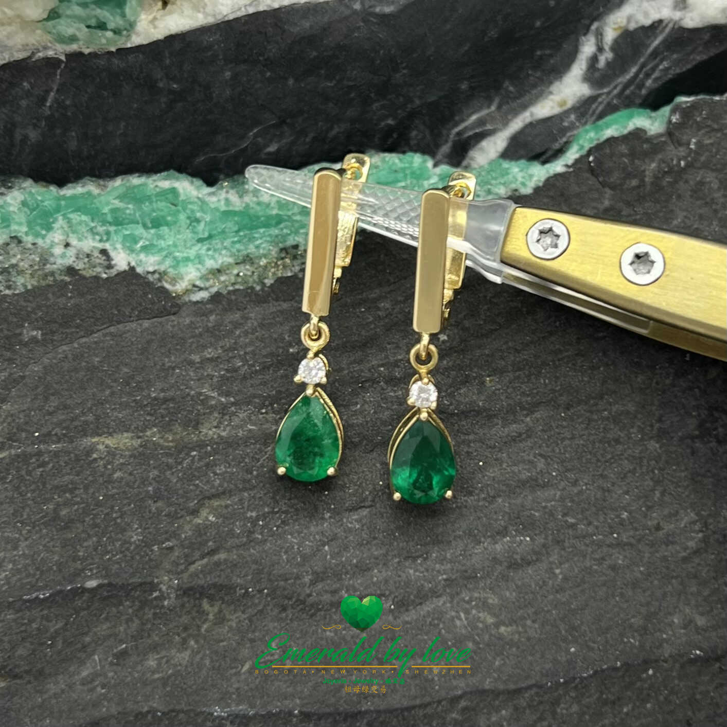 Radiant Cascades - 18k Yellow Gold Long Teardrop Emerald Earrings