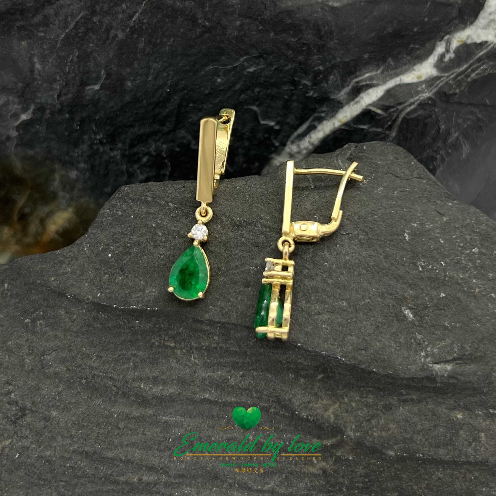 Radiant Cascades - 18k Yellow Gold Long Teardrop Emerald Earrings