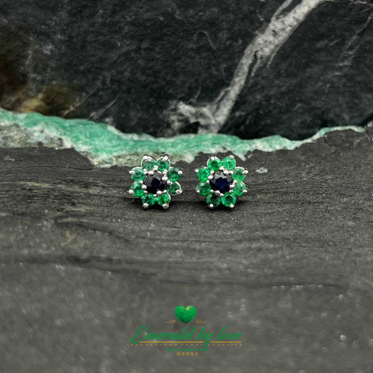 Whimsical Blooms - 18k White Gold Floral Earrings with Sapphires (0.33 CT) and Round Emeralds (0.43 CT)