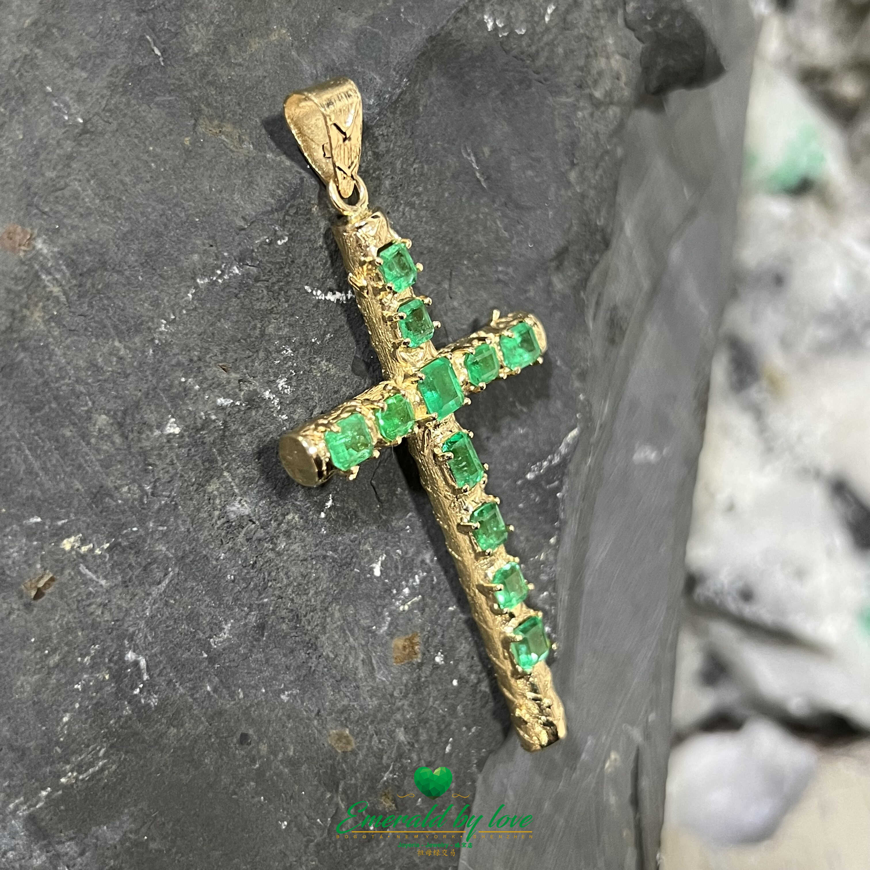 Intriguing 18k Yellow Gold Cross Pendant with Genuine Colombian Square Emeralds
