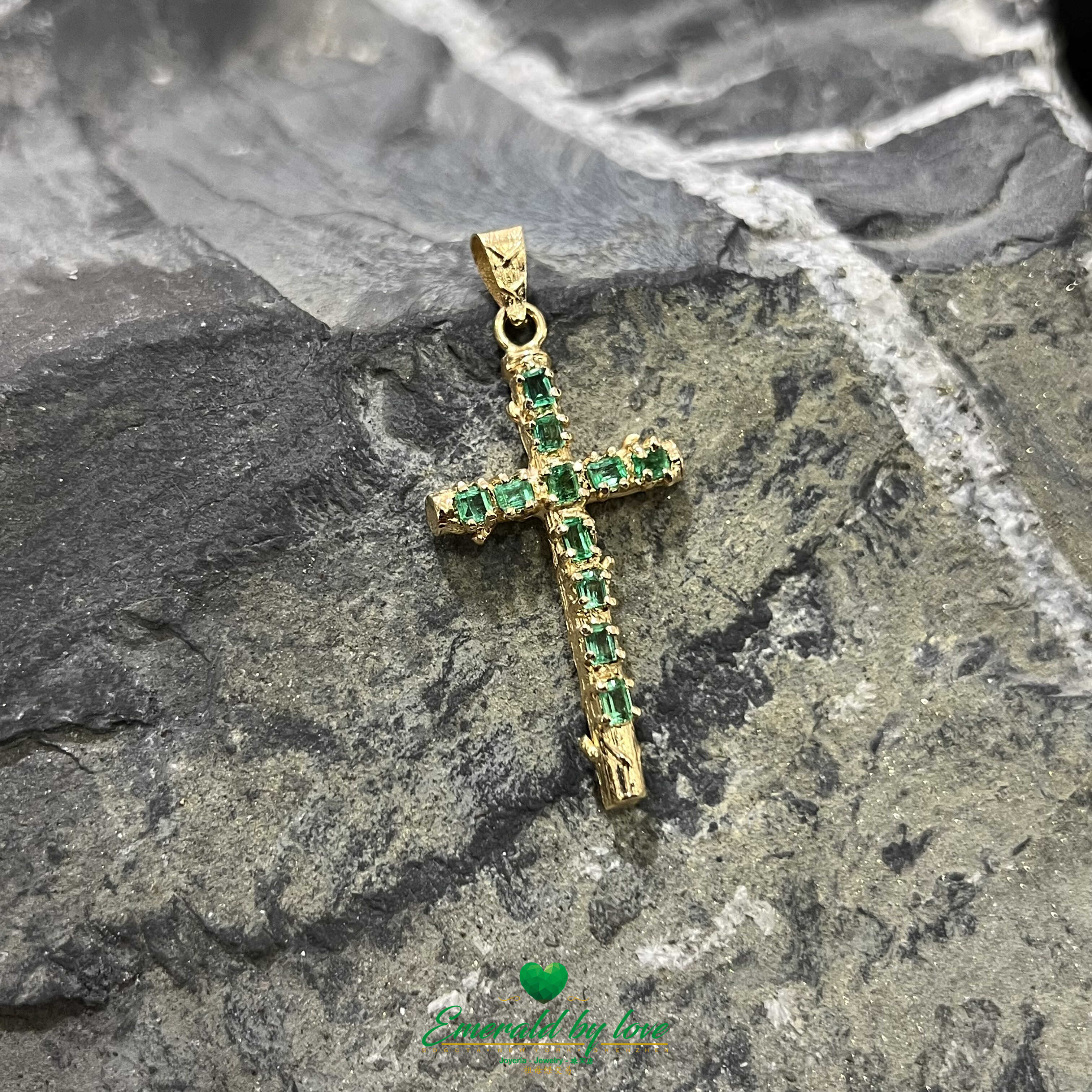 Yellow Gold Cross Pendant with Pear-Shaped Emeralds of Exceptional Color and Clarity