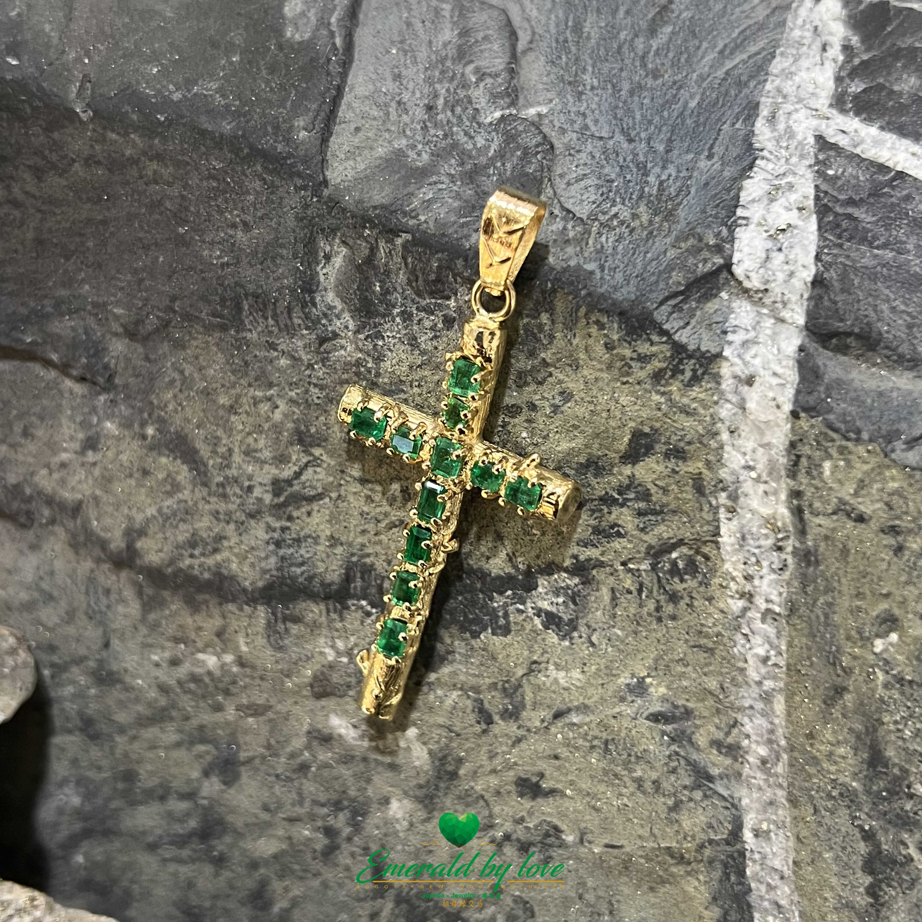 18k Yellow Gold Cross Pendant with Natural Colombian Emeralds